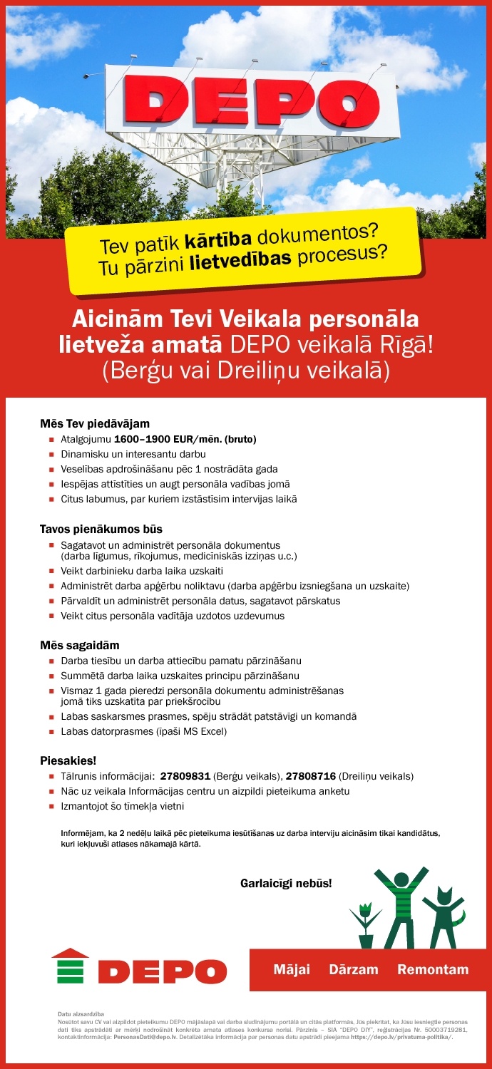 DEPO DIY, SIA Veikala personāla lietvedis/-e Berģos vai Dreiliņos