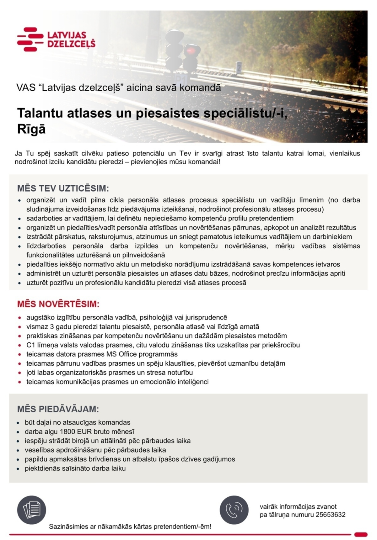 Latvijas dzelzceļš, VAS Talantu atlases un piesaistes speciālists/-e