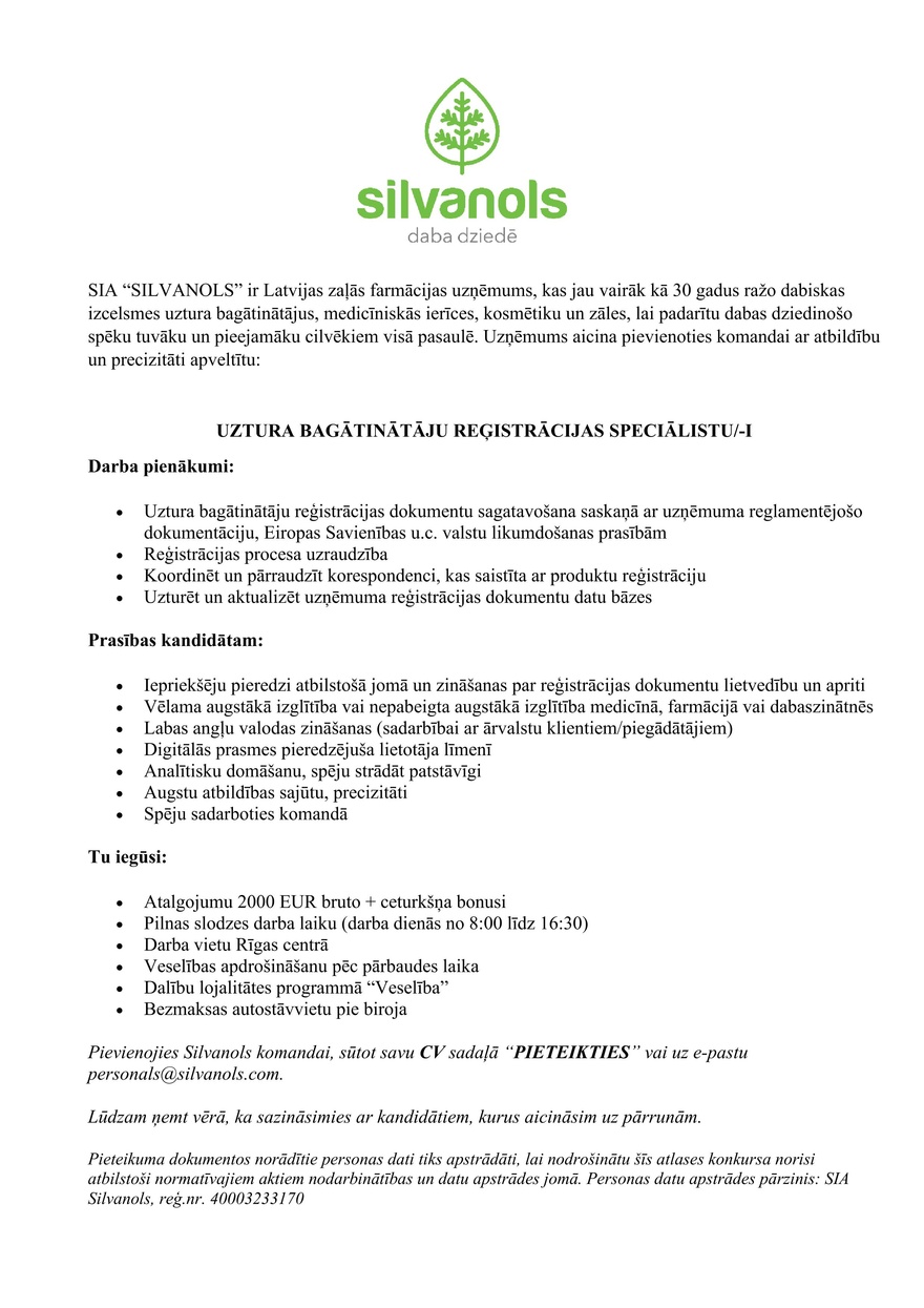 SIA "Silvanols" Uztura bagātinātāju reģistrācijas speciālists