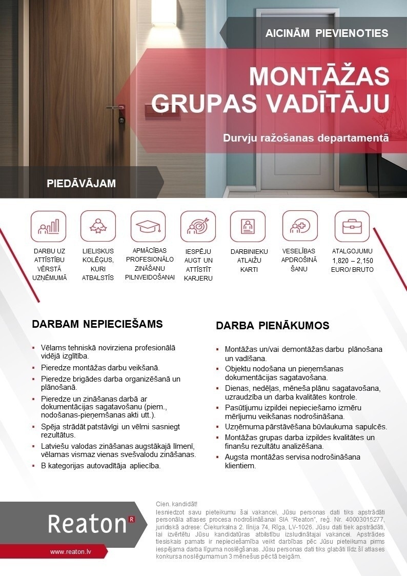 REATON, SIA Montāžas grupas vadītājs/-a