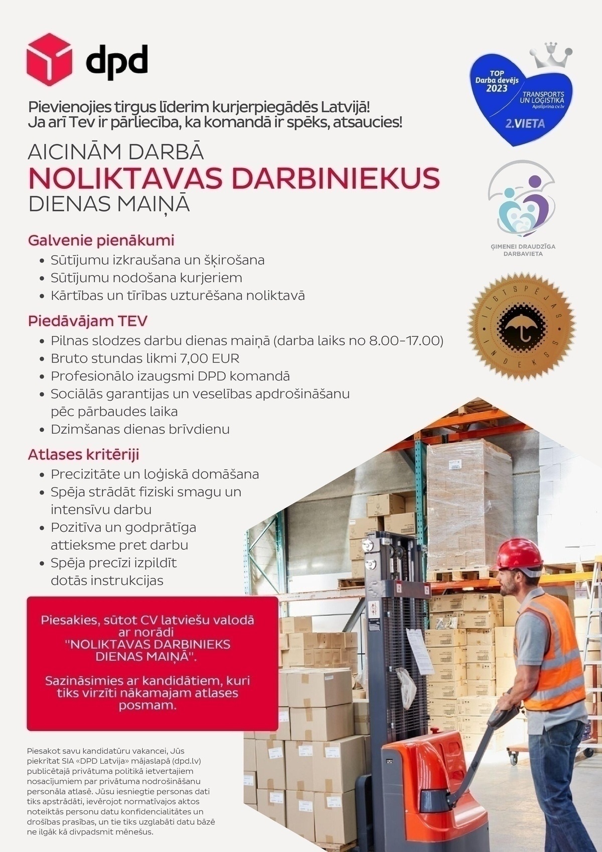 DPD Latvija, SIA Noliktavas darbinieks/-ce dienas maiņā