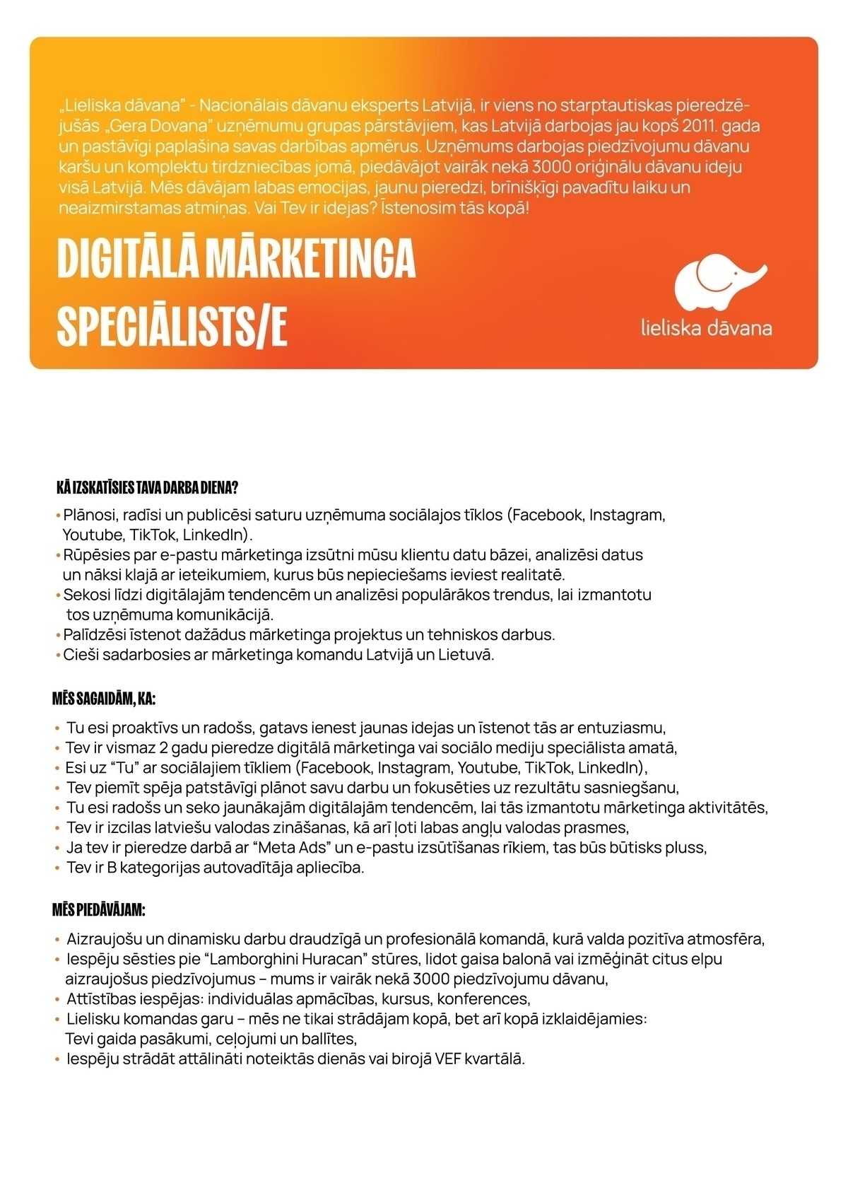 Lieliska dāvana, SIA Digitālā mārketinga speciālists/-e