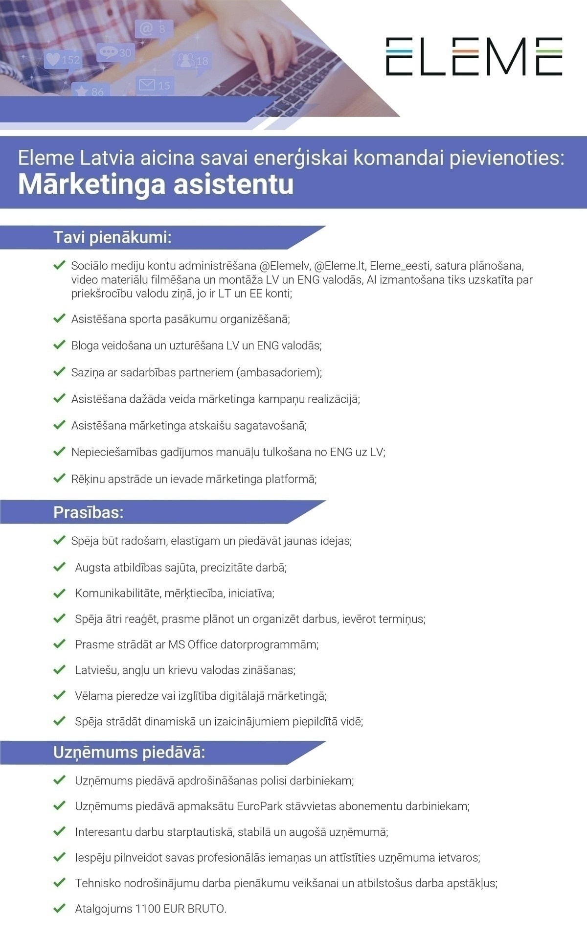 BAJTEL.LV, SIA Mārketinga asistents/-e