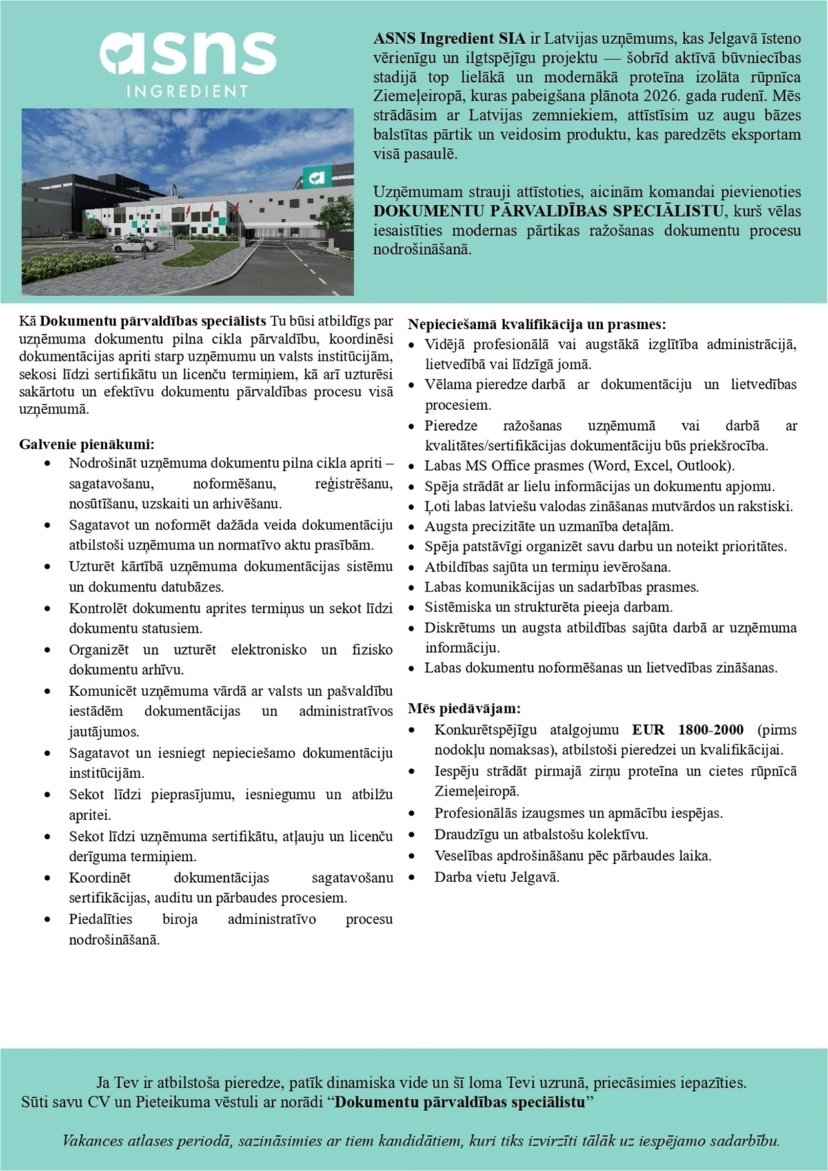 ASNS Ingredient, SIA Dokumentu pārvaldības speciālists/-e