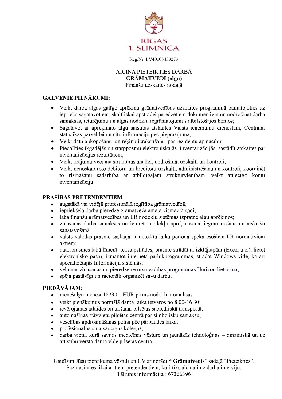 Rīgas 1. slimnīca, SIA Grāmatvedis/-e (Algu)