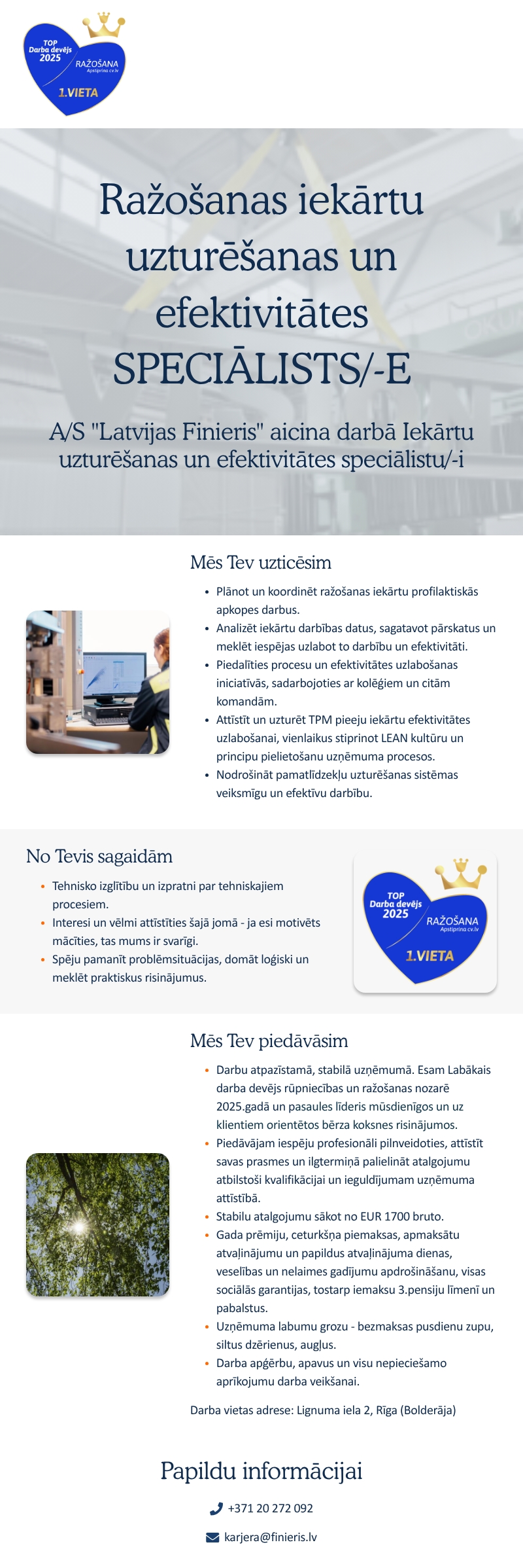AS "Latvijas Finieris" Ražošanas iekārtu uzturēšanas un efektivitātes speciālists