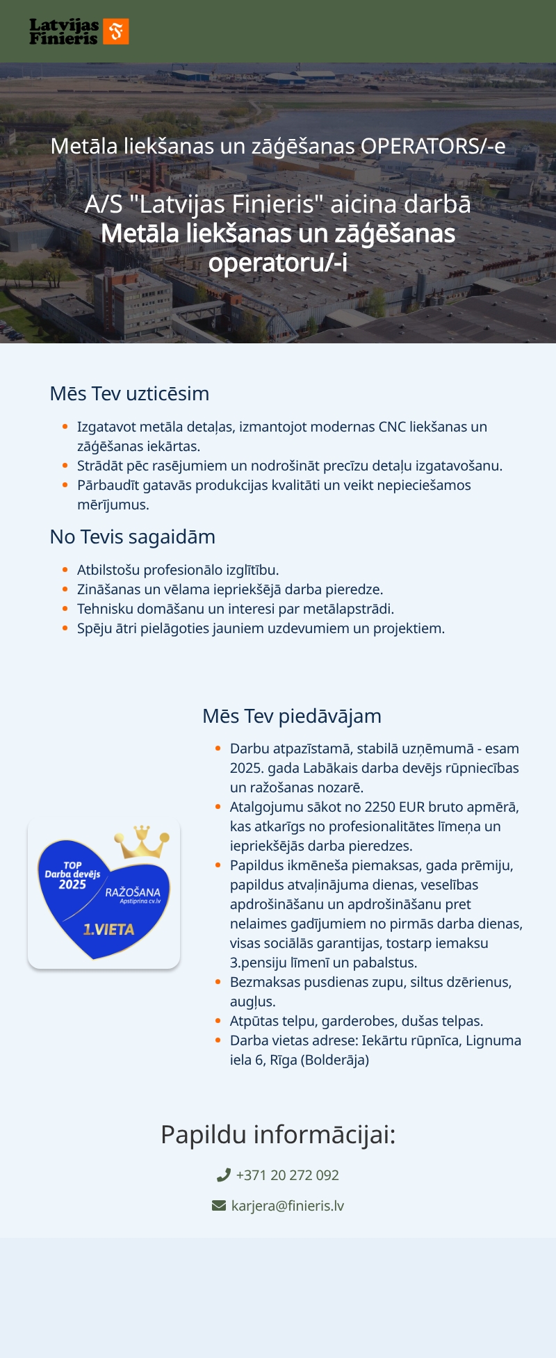 AS "Latvijas Finieris" Metāla liekšanas operators
