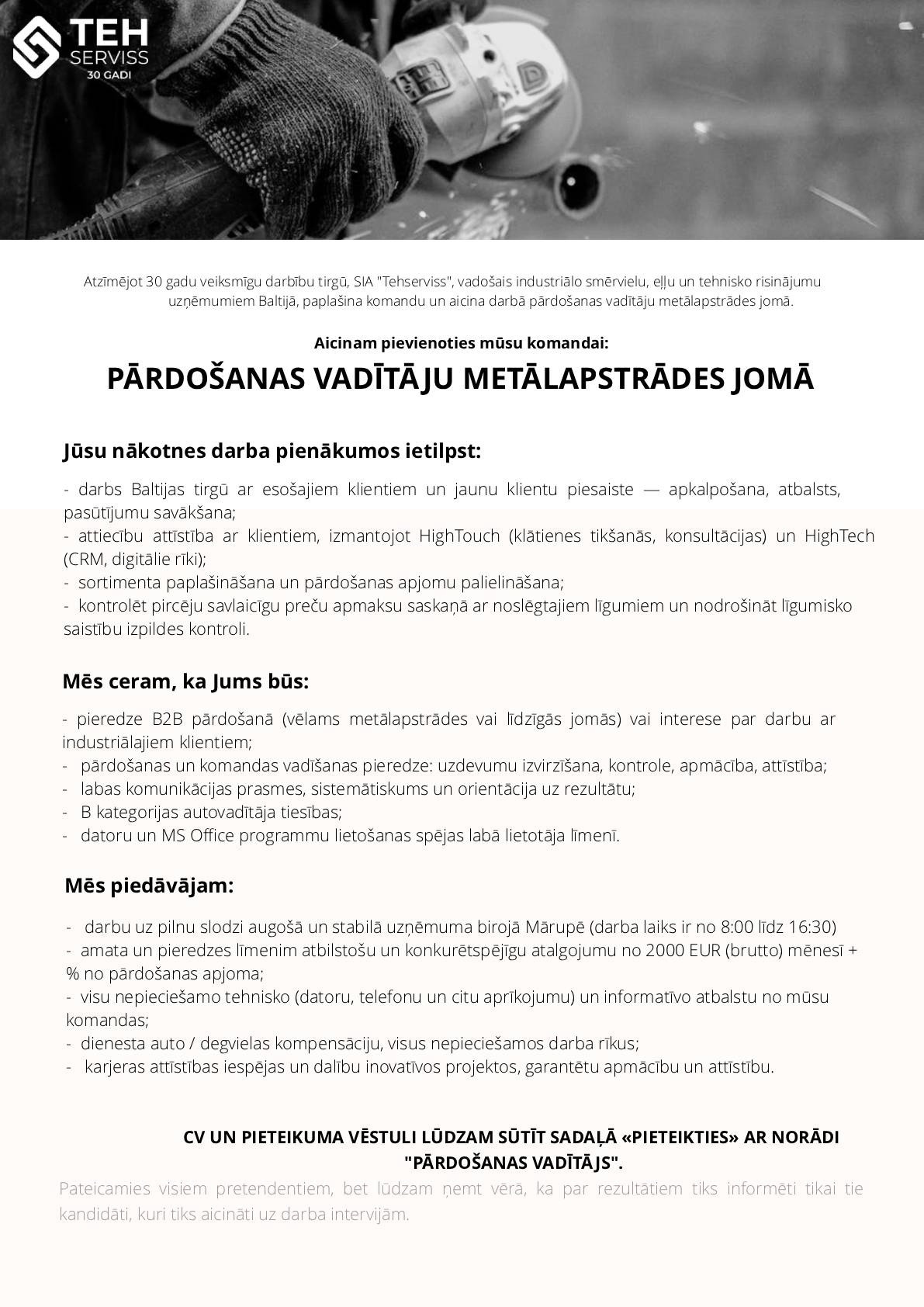 TEHSERVISS, SIA Pārdošanas vadītājs/-a metālapstrādes jomā