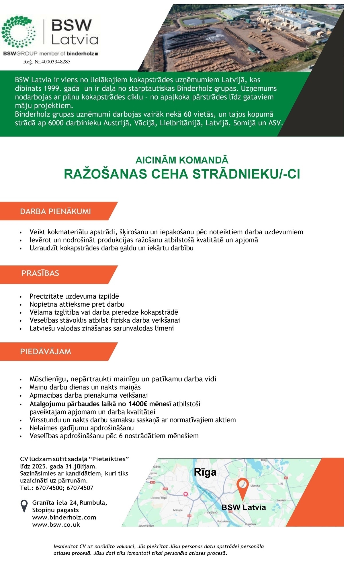 BSW LATVIA, SIA Ražošanas ceha strādnieks/-ce