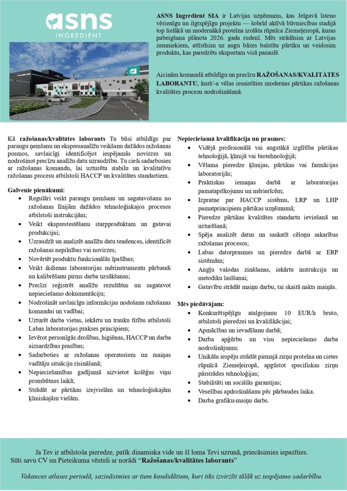 ASNS Ingredient, SIA Ražošanas/kvalitātes laborants/-e
