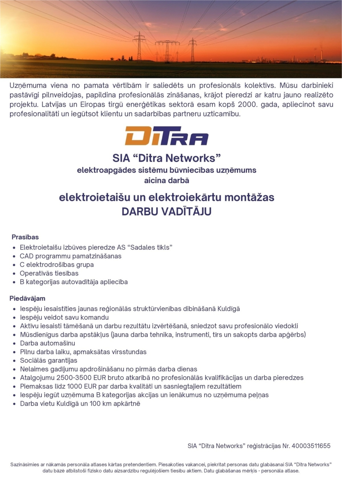 Ditra Networks, SIA Darbu vadītājs/-a