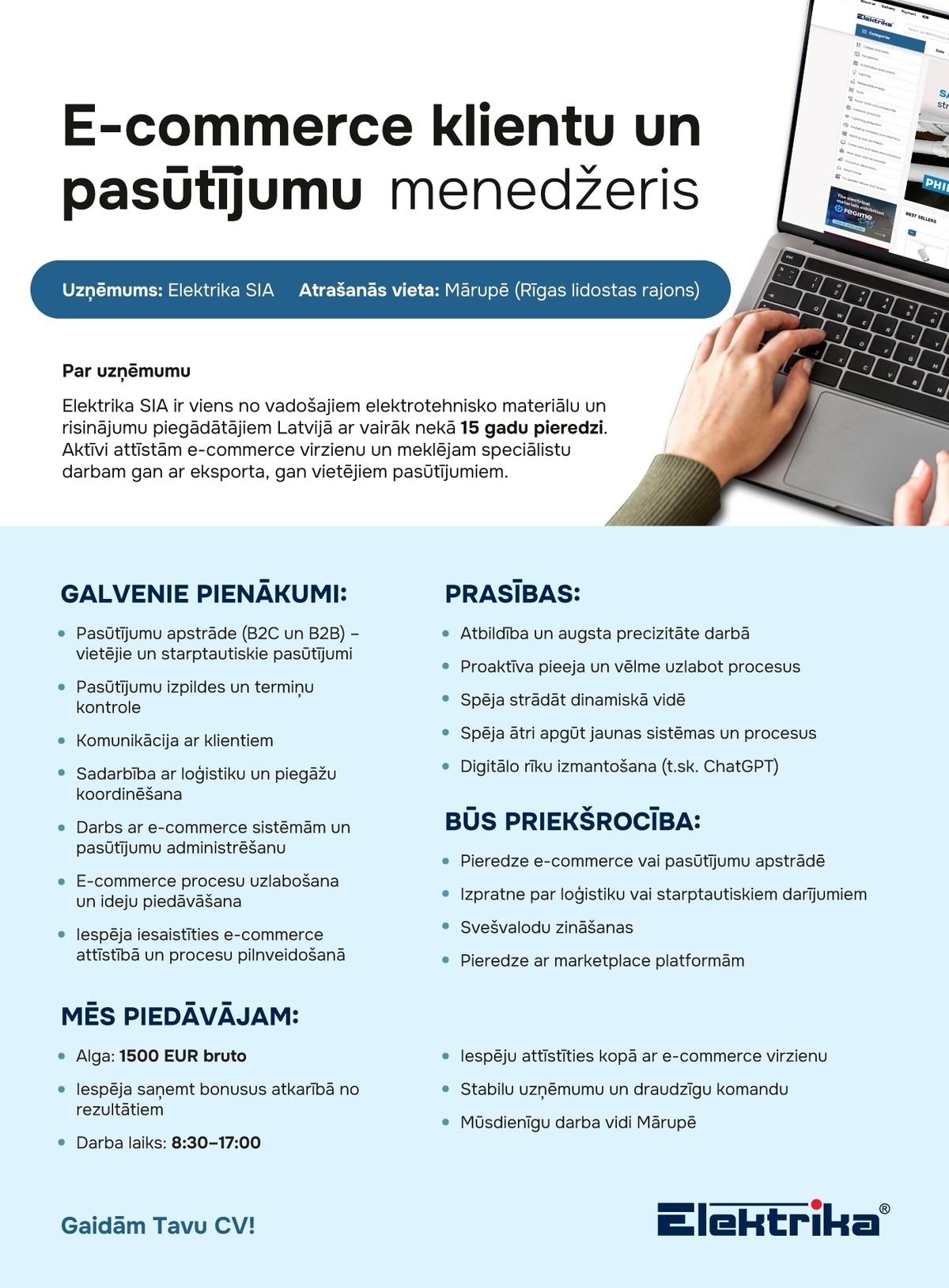 ELEKTRIKA, SIA E-commerce klientu un pasūtījumu menedžeris/-e
