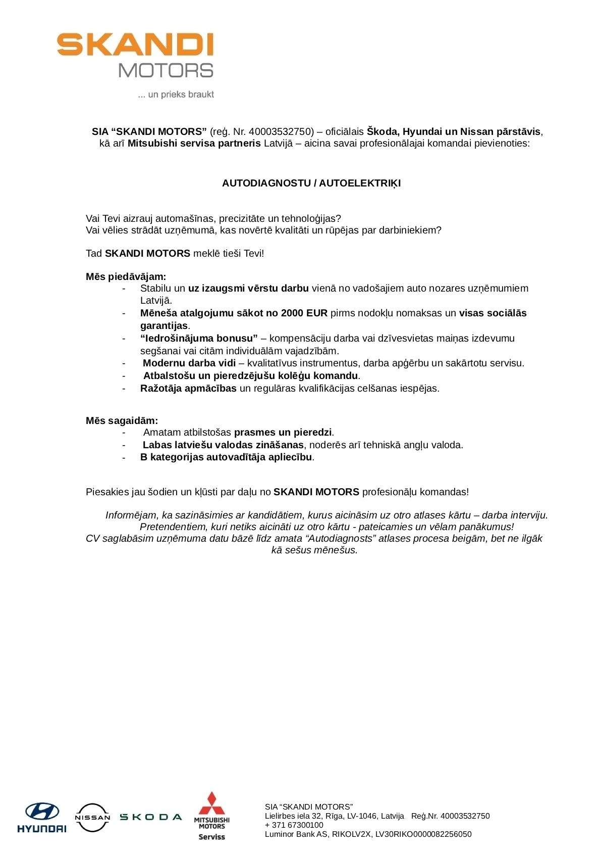 SKANDI MOTORS, SIA Autodiagnosts/-e / Autoelektriķis/-e