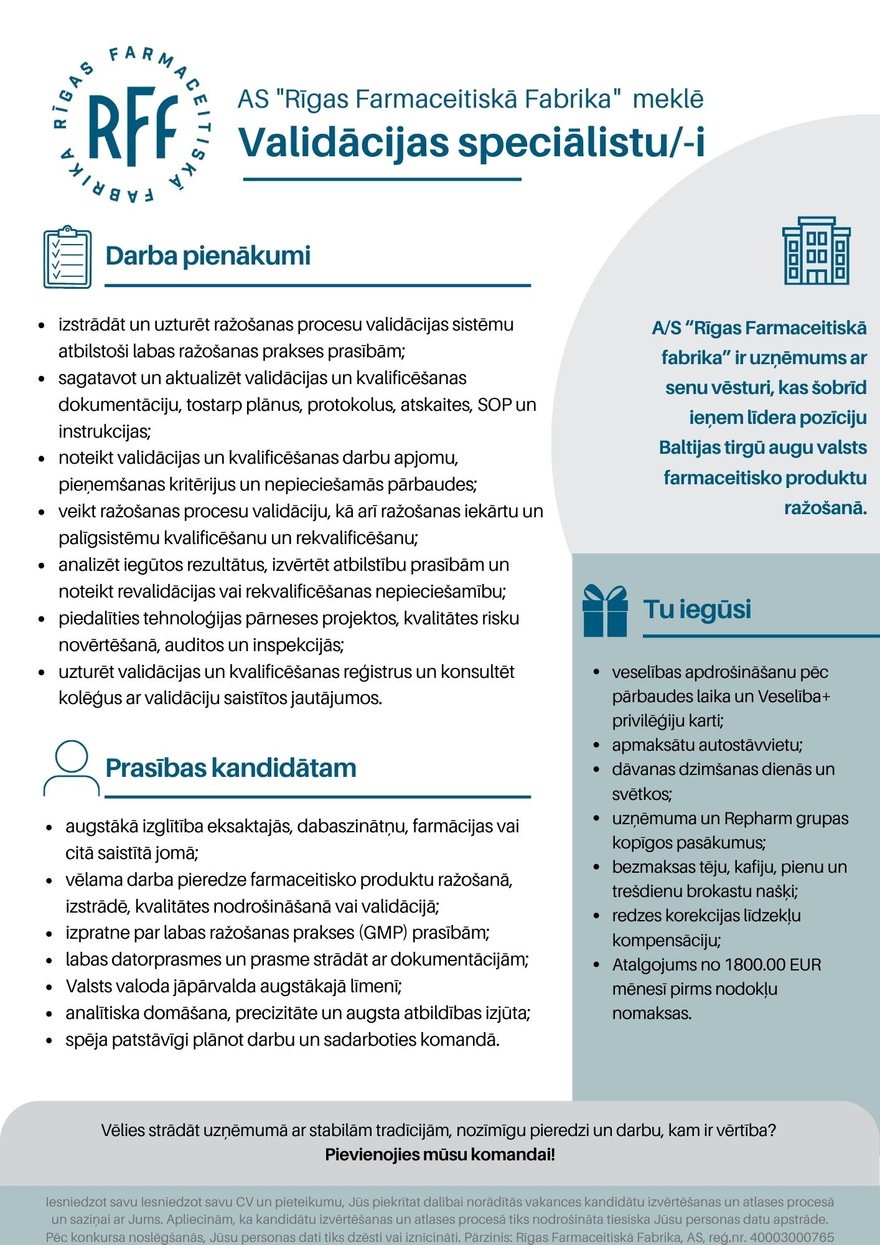 AS''Rīgas Farmaceistiskā fabrika'' Validācijas speciālists/-e