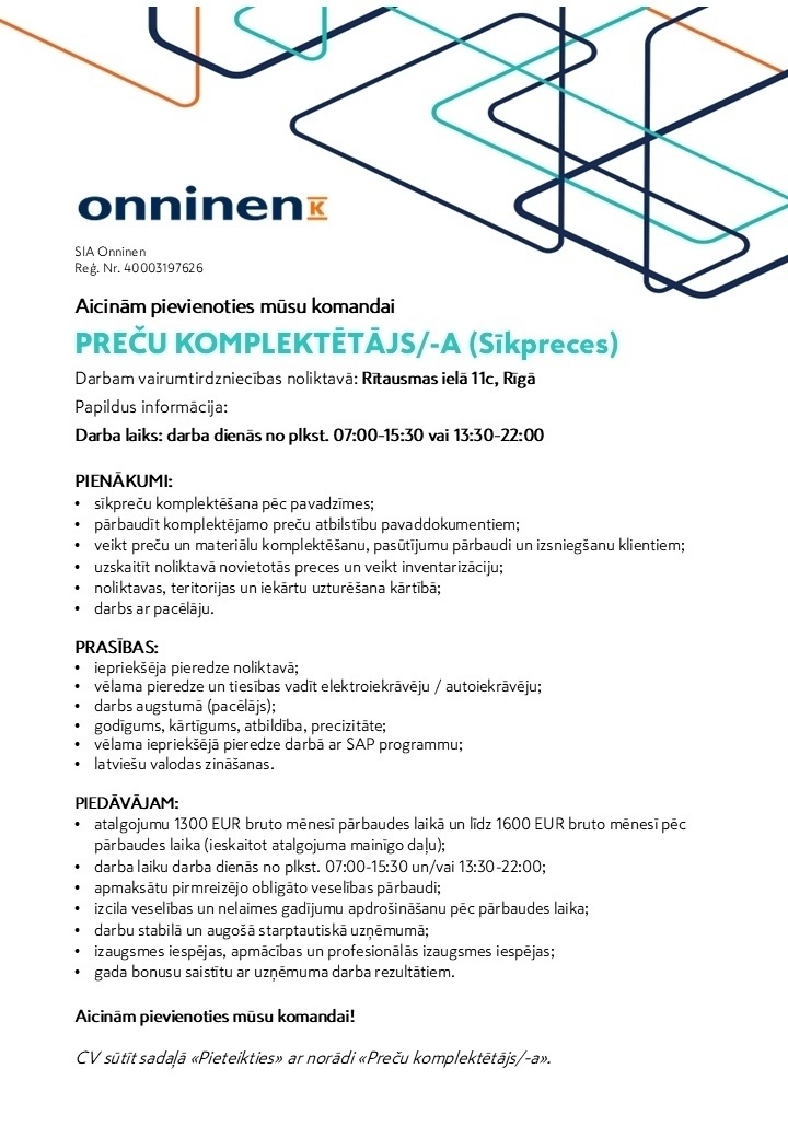 SIA "ONNINEN" Preču komplektētājs/-a