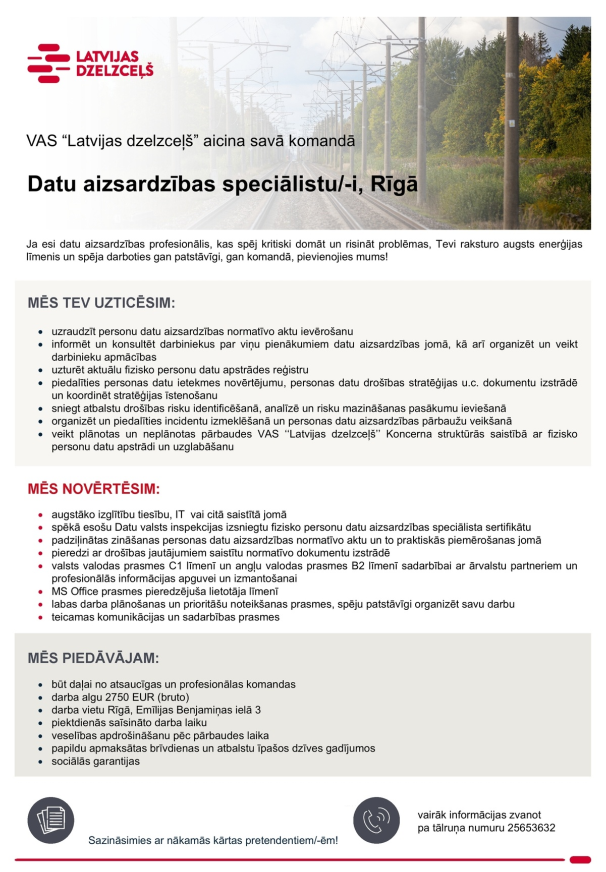 Latvijas dzelzceļš, VAS Datu aizsardzības speciālists/-e