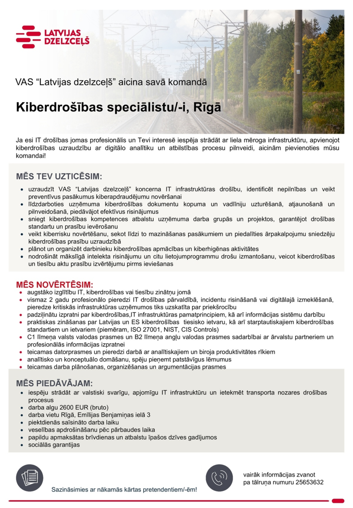 Latvijas dzelzceļš, VAS Kiberdrošības speciālists/-e