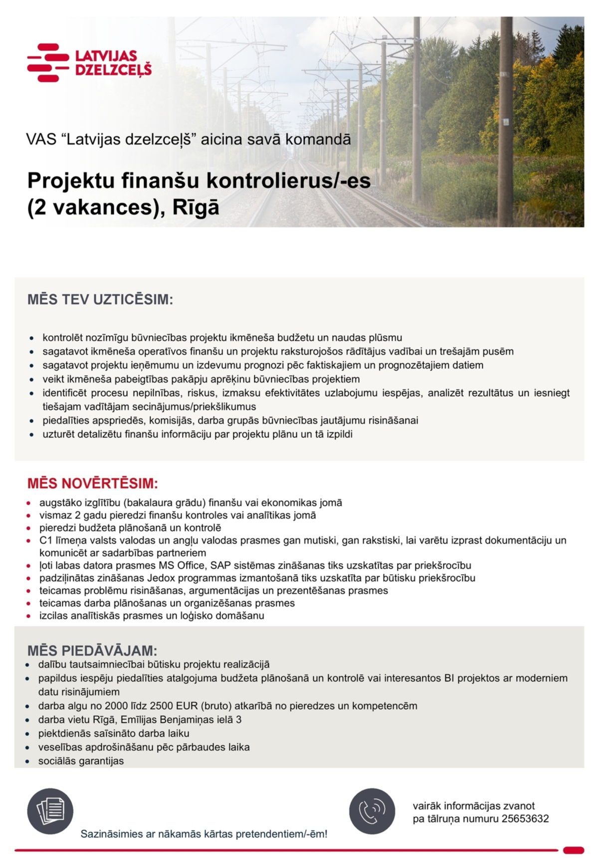 Latvijas dzelzceļš, VAS Projektu finanšu kontrolieris/-e