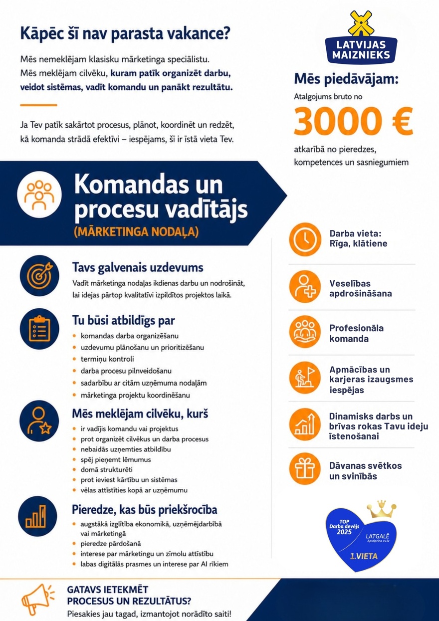 AS "LATVIJAS MAIZNIEKS" KOMANDAS UN PROCESU VADĪTĀJS/ -A (Mārketinga nodaļā)