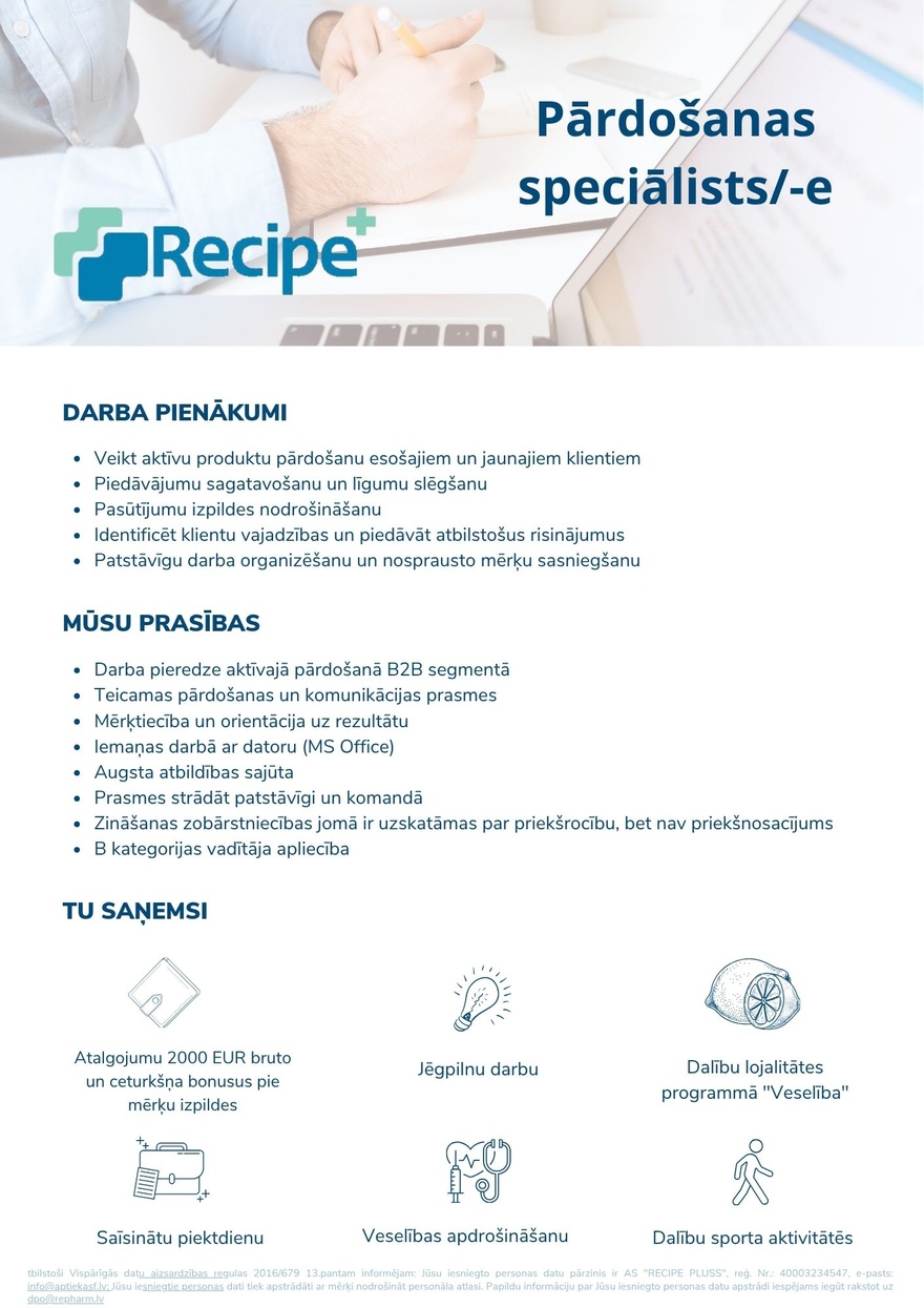 Recipe Plus, AS Pārdošanas speciālists/-e
