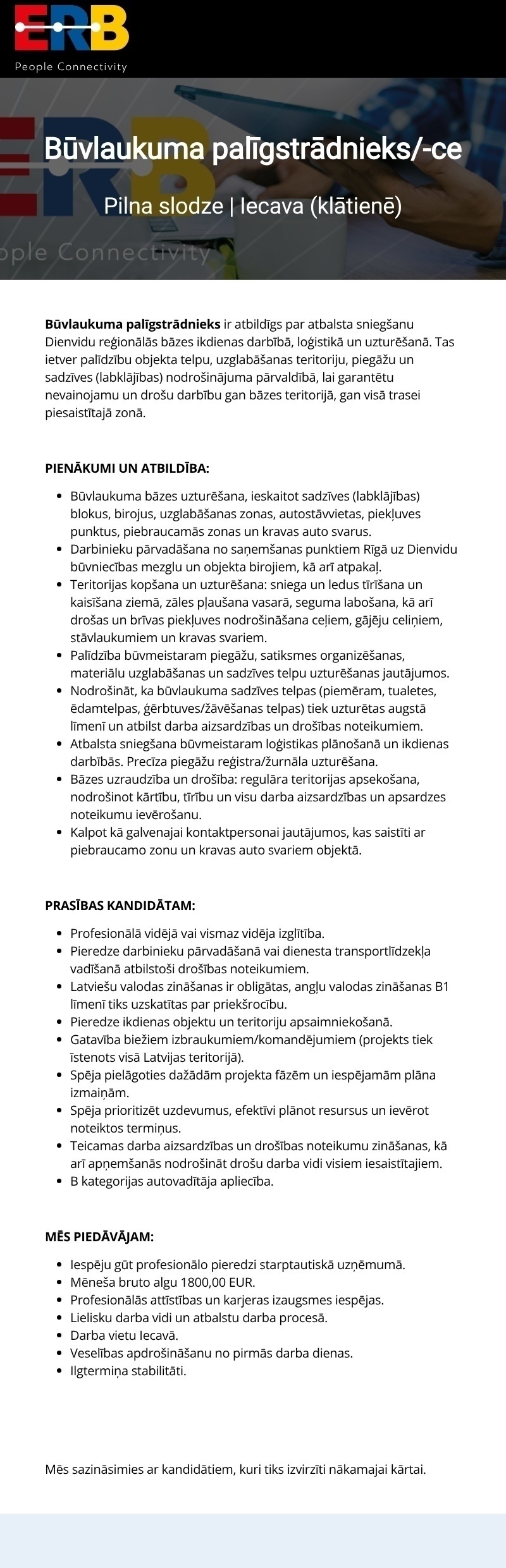 E.R.B. RAIL JV PS Būvlaukuma palīgstrādnieks/-ce