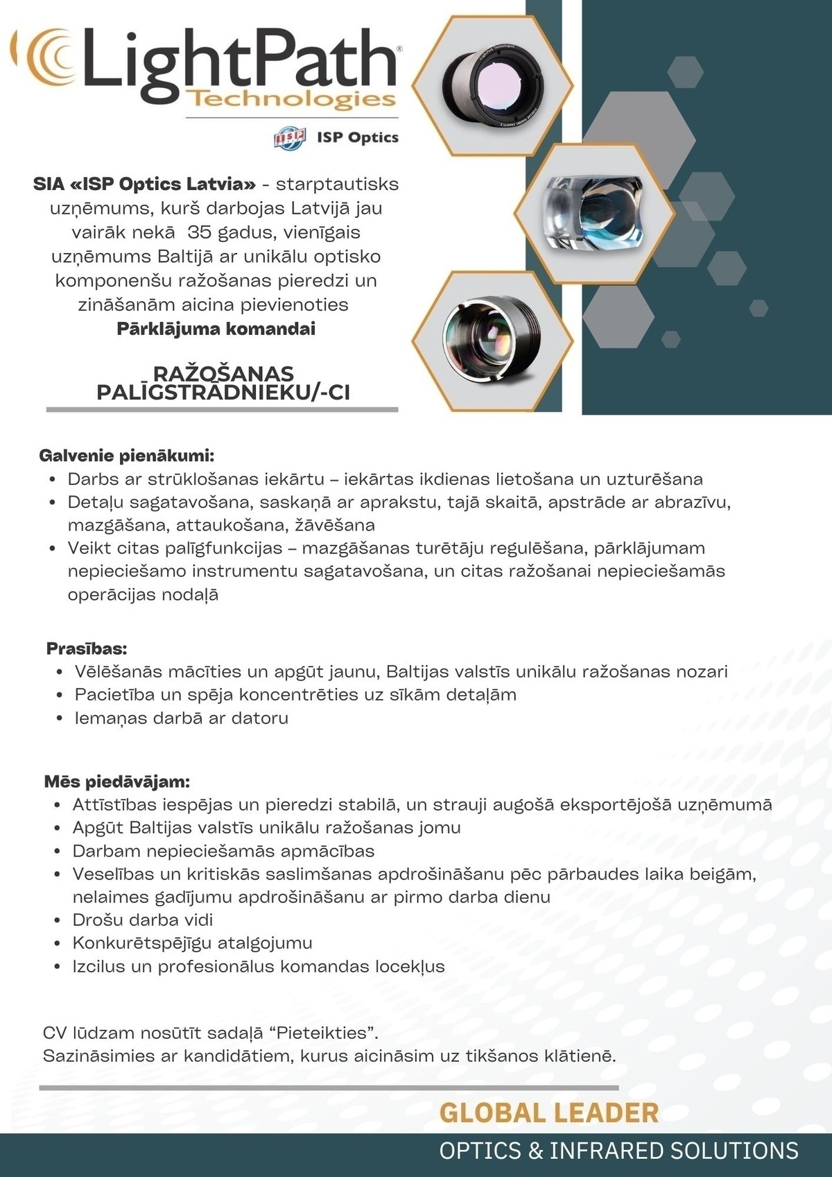 ISP Optics Latvia, SIA Ražošanas palīgstrādnieks/-ce