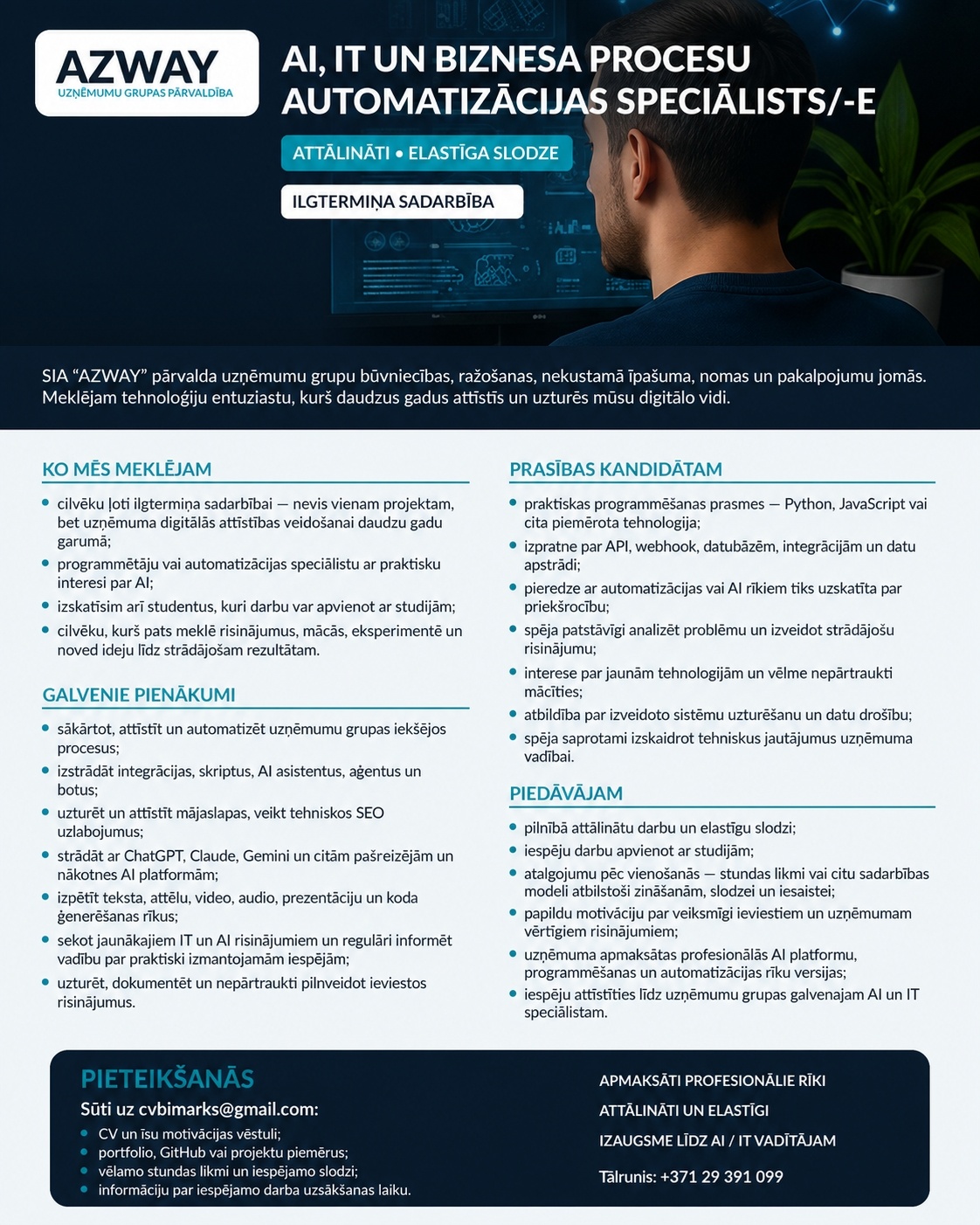 SIA “AZWAY” AI, IT UN BIZNESA PROCESU AUTOMATIZĀCIJAS SPECIĀLISTS/-E