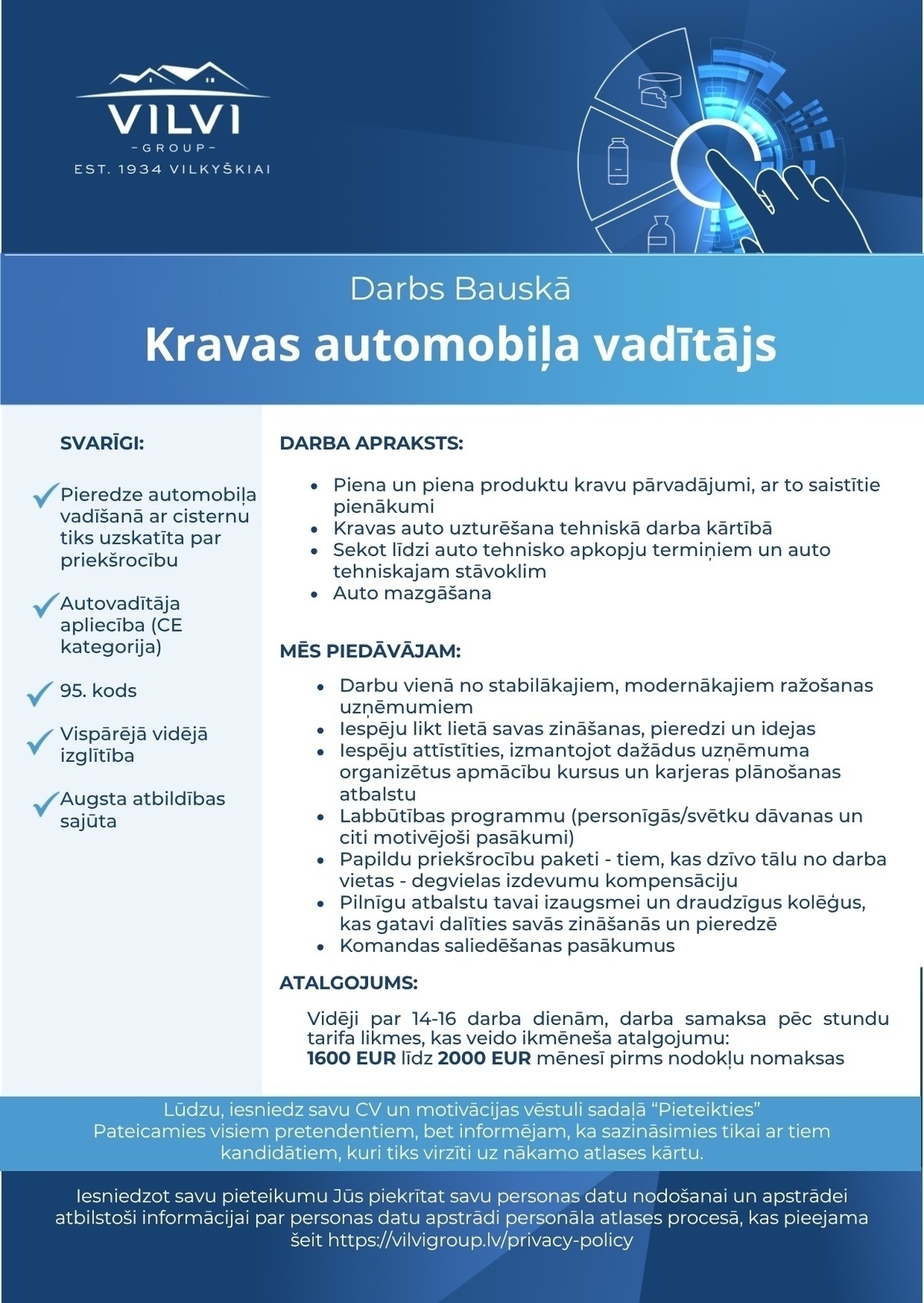 Baltic Dairy Board, SIA Kravas automobiļa vadītājs/-a
