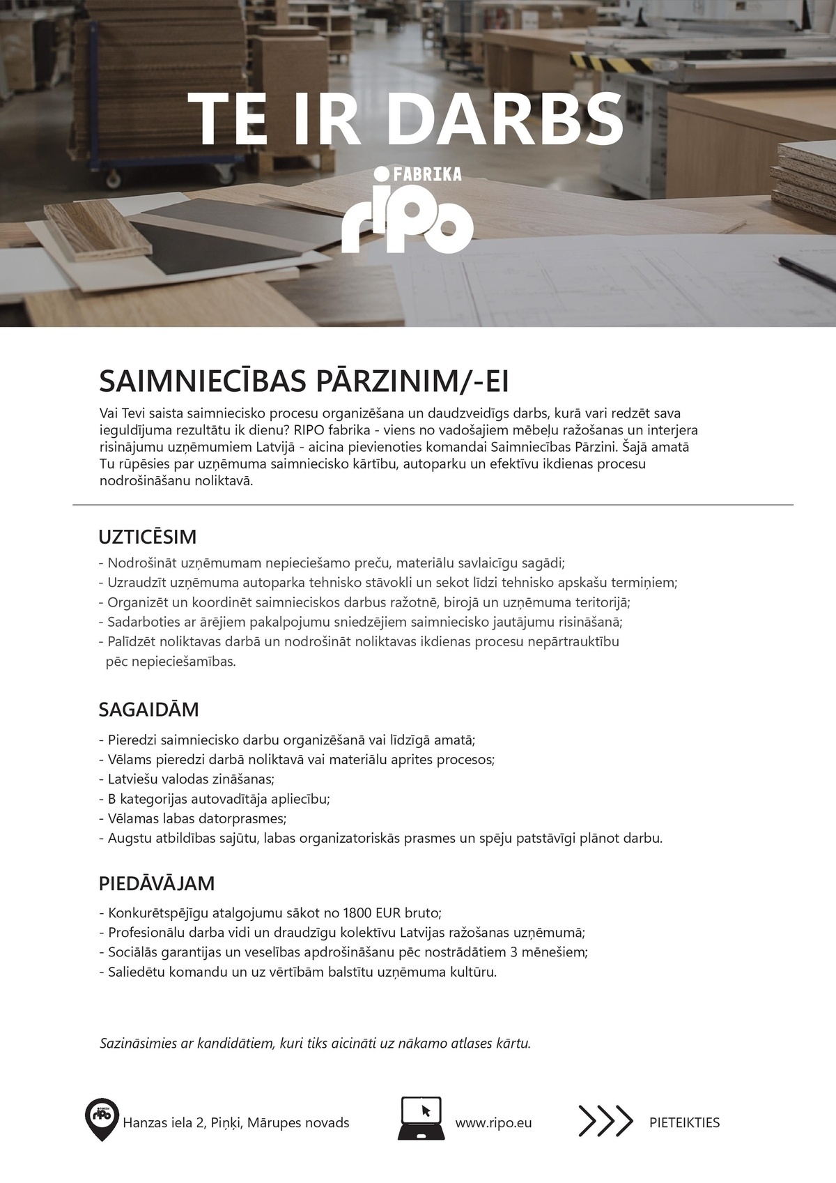 RIPO fabrika, SIA Saimniecības pārzinis/-e
