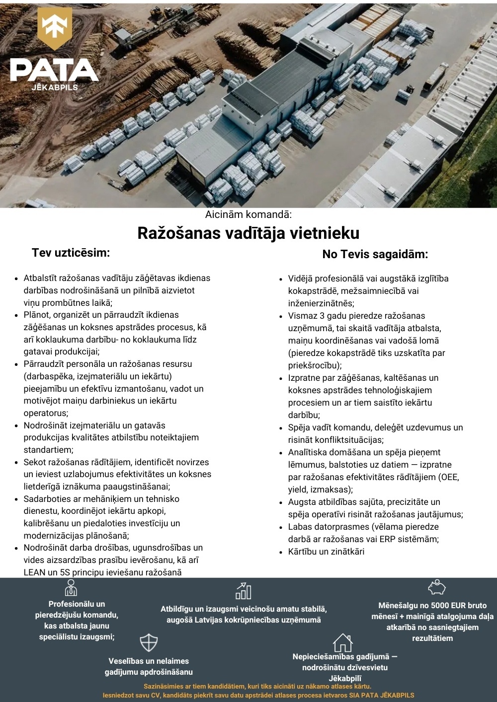 PATA JĒKABPILS, SIA Ražošanas vadītāja vietnieks/-ce
