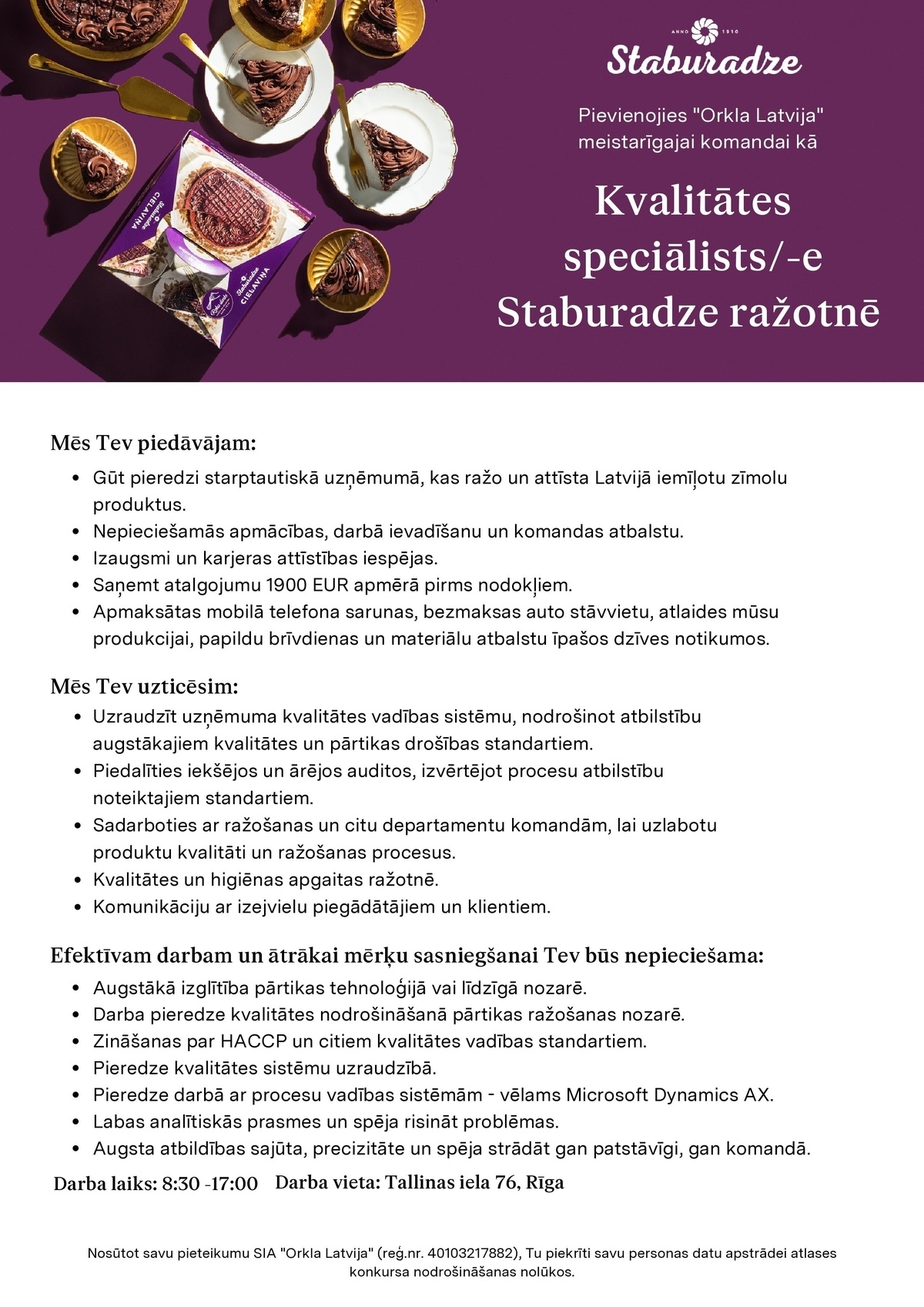 Orkla Latvija, SIA Kvalitātes speciālists/-e "Staburadze" ražotnē