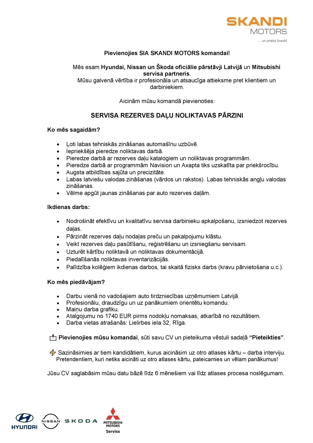 SKANDI MOTORS, SIA Servisa detaļu noliktavas pārzinis/-e