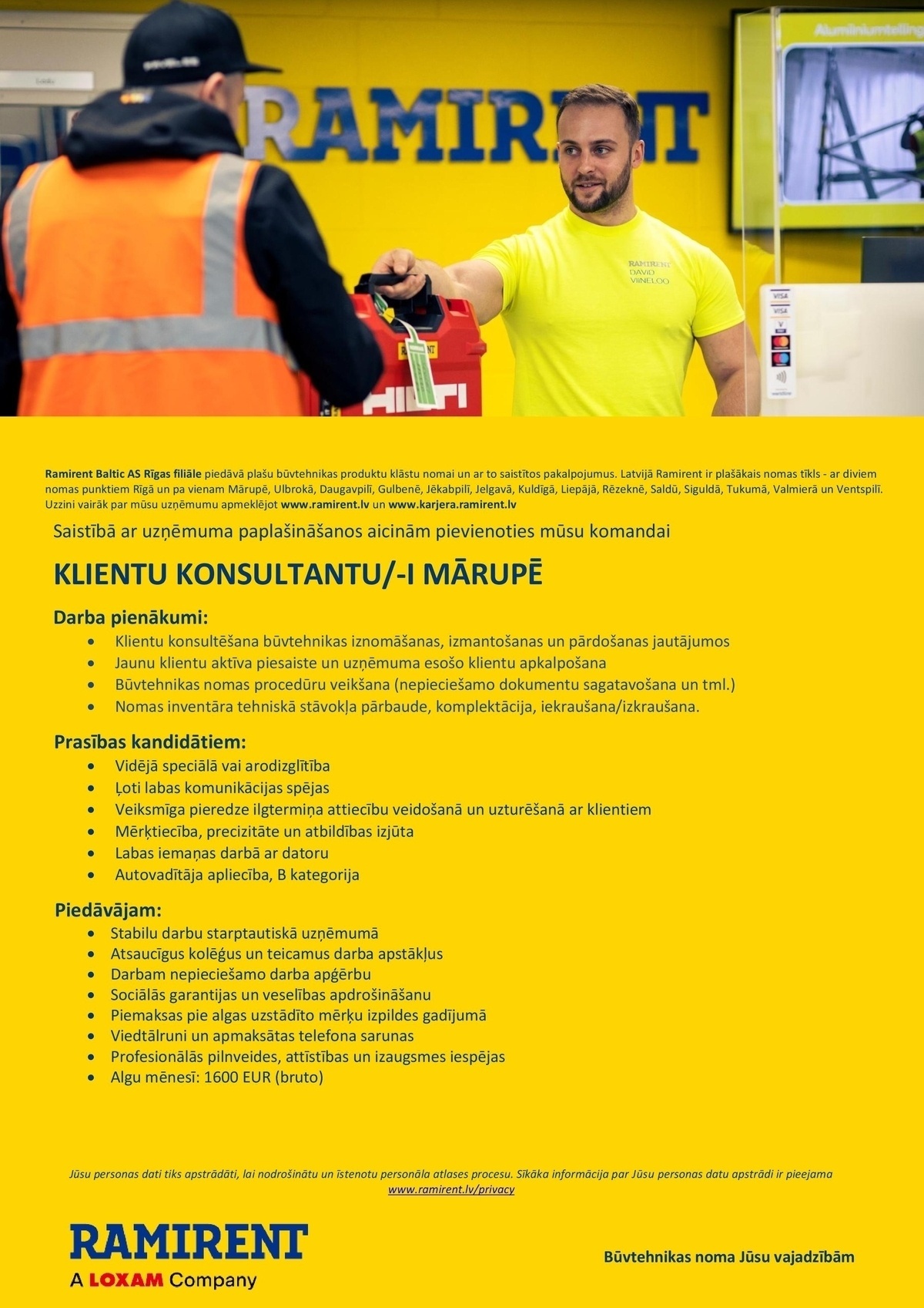 Ramirent Baltic AS Rīgas filiāle Klientu konsultants/-e Mārupē