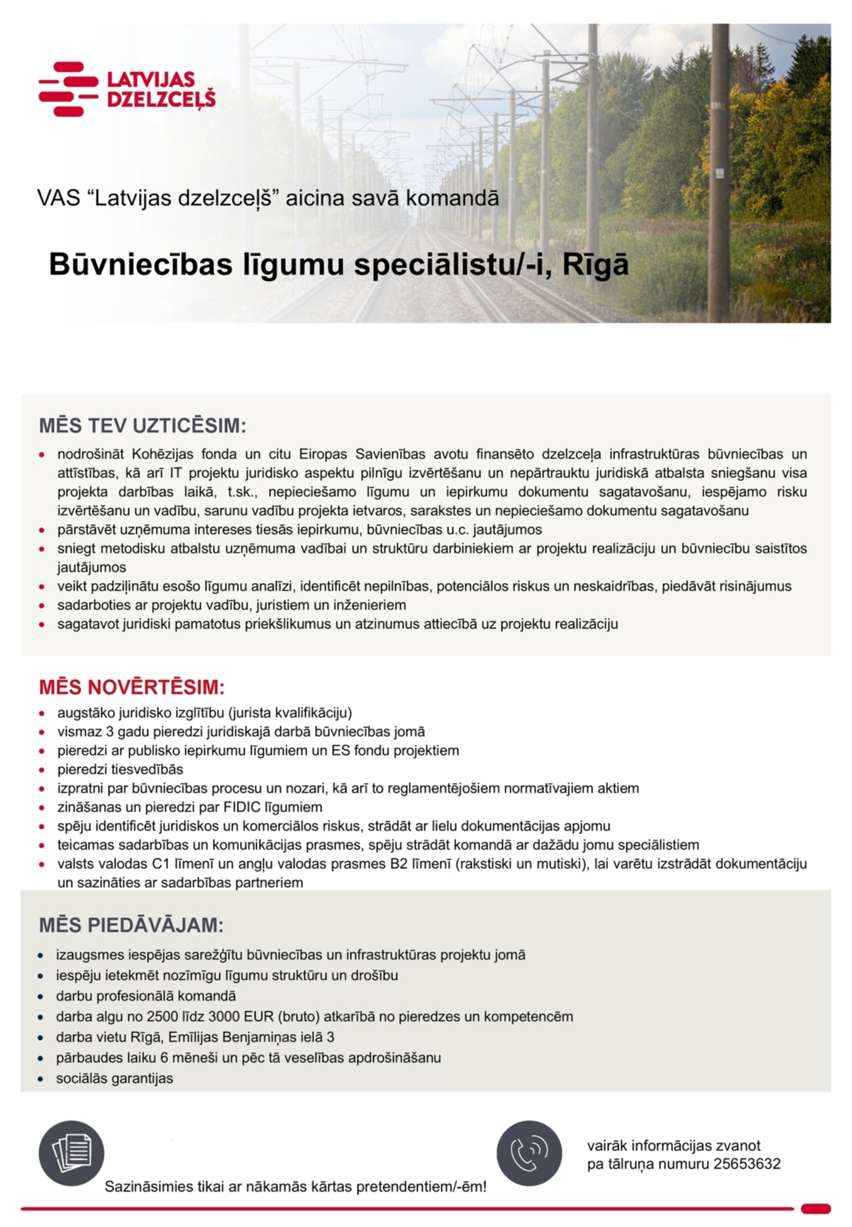 Latvijas dzelzceļš, VAS Būvniecības līgumu speciālists/-e