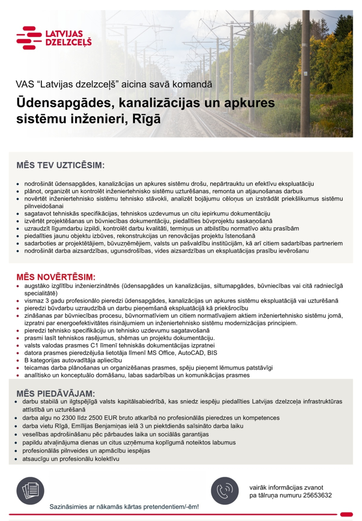 Latvijas dzelzceļš, VAS Ūdensapgādes, kanalizācijas un apkures sistēmu inženieris/-e