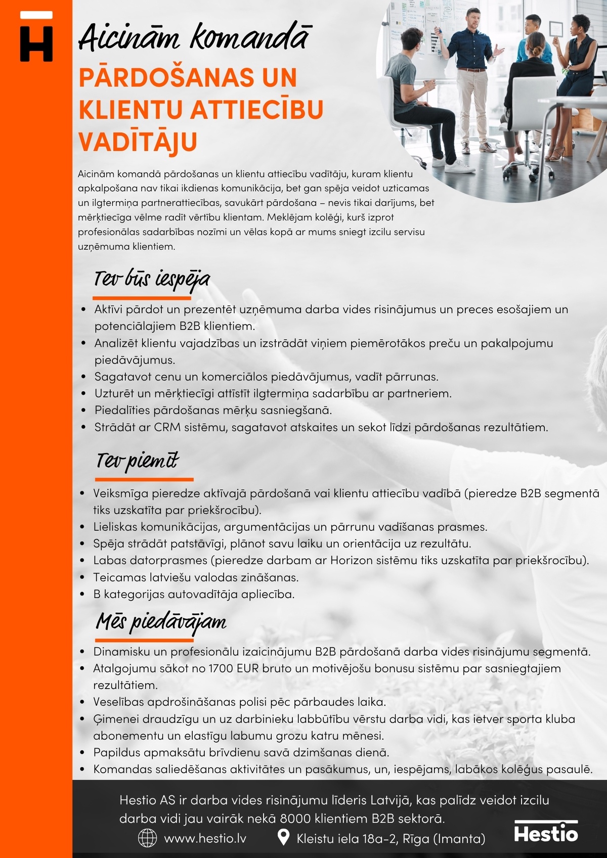 Hestio, AS Pārdošanas un klientu attiecību vadītājs/-a