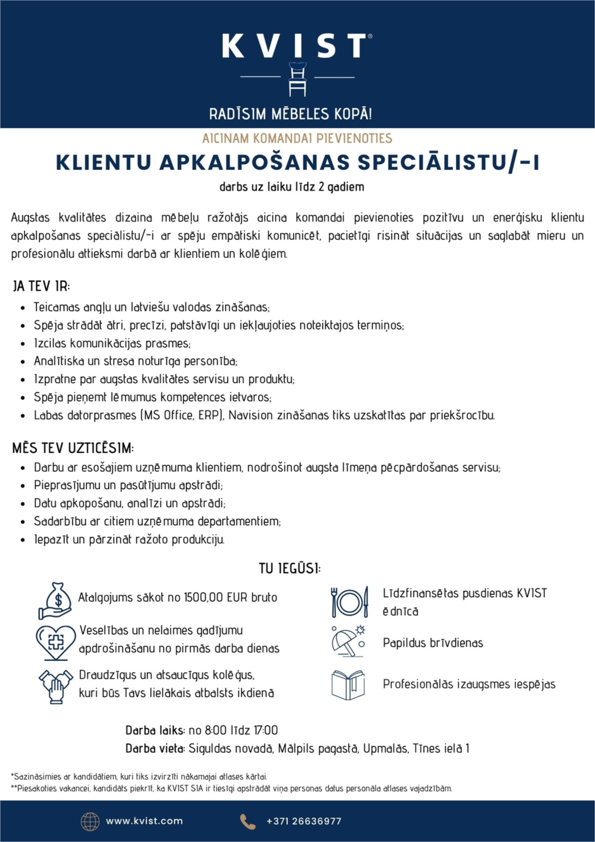 KVIST, SIA Klientu apkalpošanas speciālists/-e