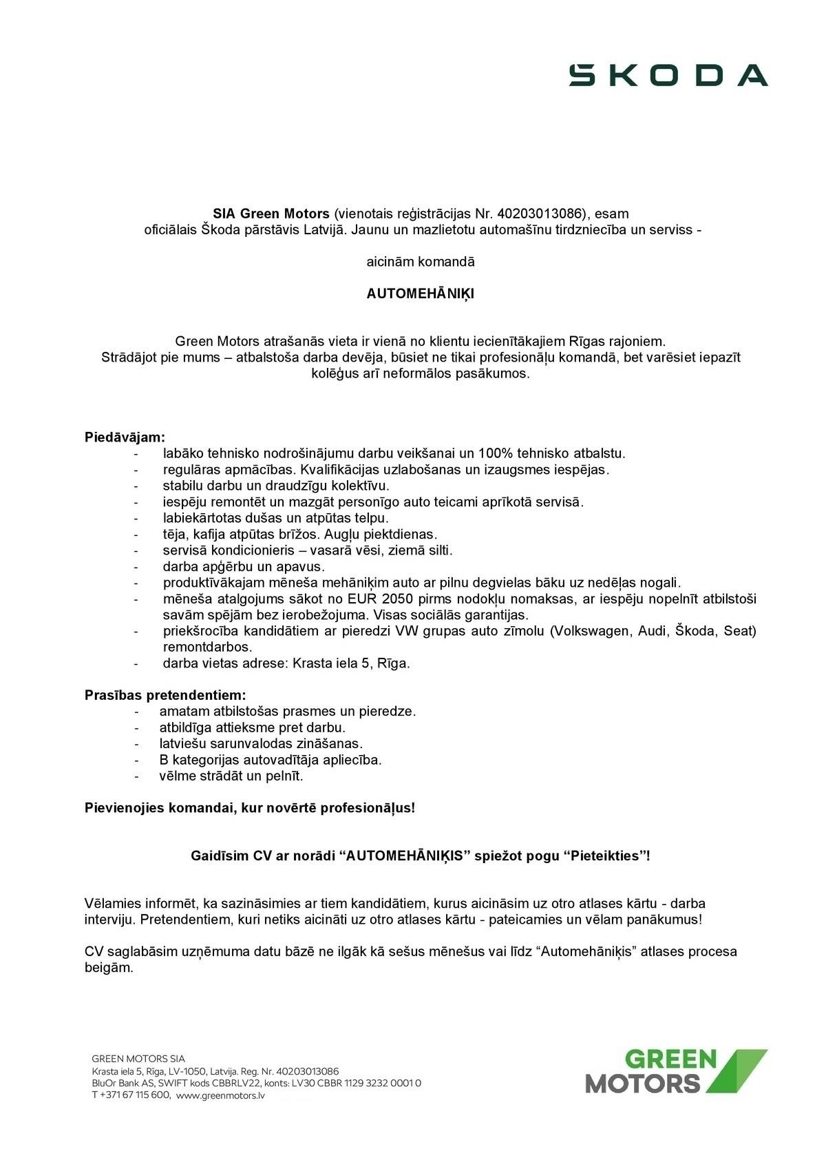 Green Motors, SIA Automehāniķis/-e