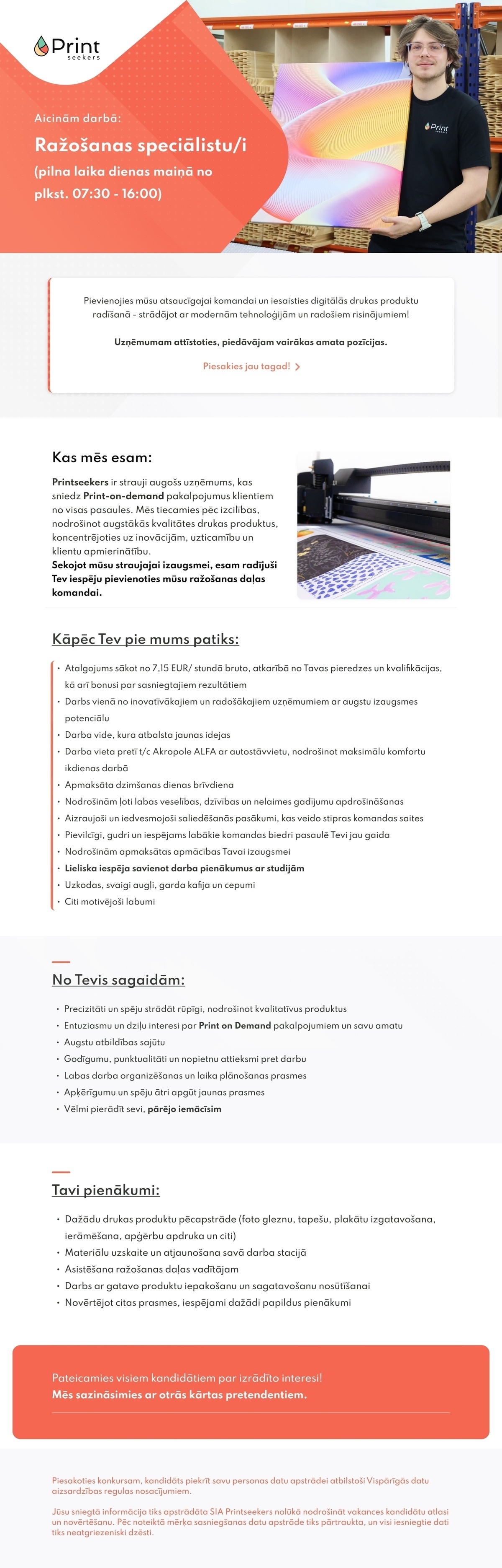 Printseekers, SIA Ražošanas speciālists/-e (dienas maiņā plkst. 7.30 - 16.00)