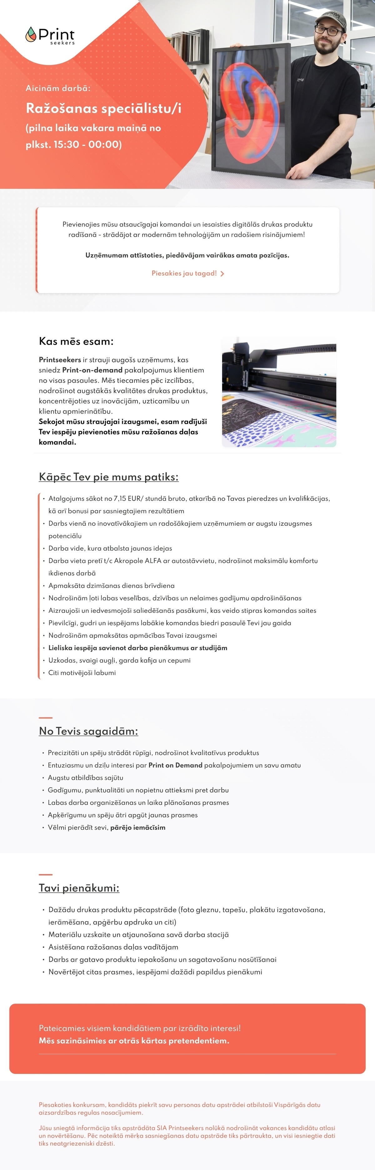 Printseekers, SIA Ražošanas speciālists/-e (vakara maiņā plkst. 15.30 - 00.00)