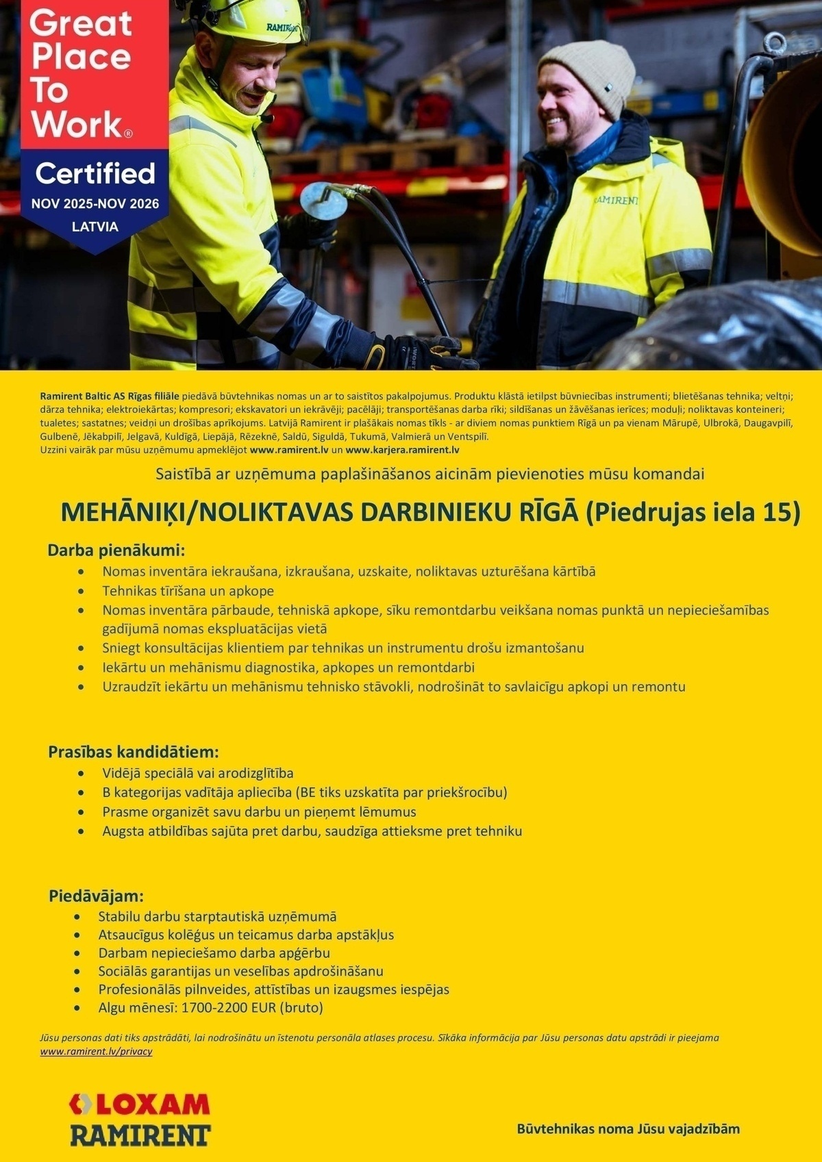 Ramirent Baltic AS Rīgas filiāle, AKF Mehāniķis/-e / noliktavas darbinieks/-ce Rīgā (Piedrujas iela 15)