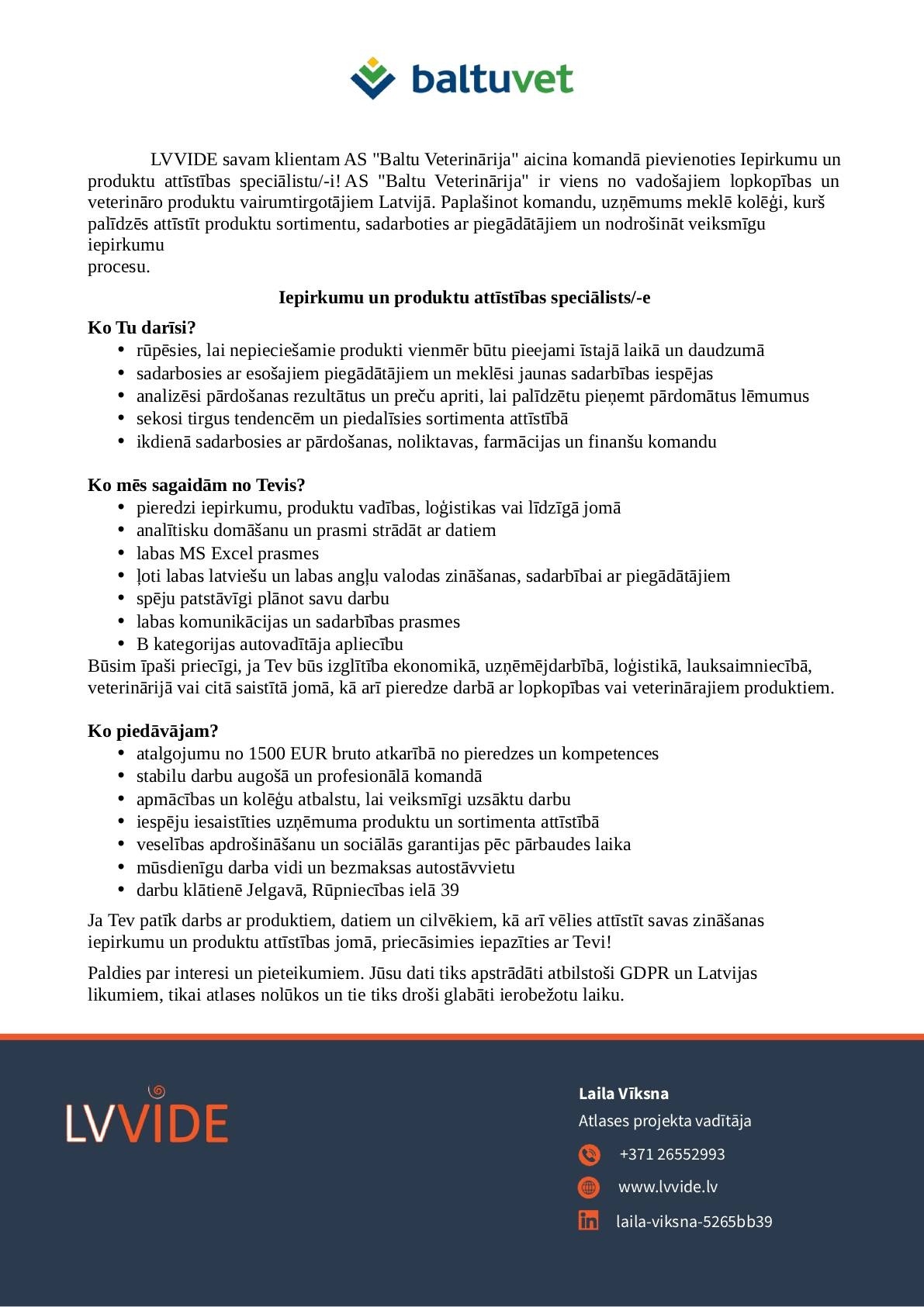 LVVIDE, SIA Iepirkumu un produktu attīstības speciālists/-e