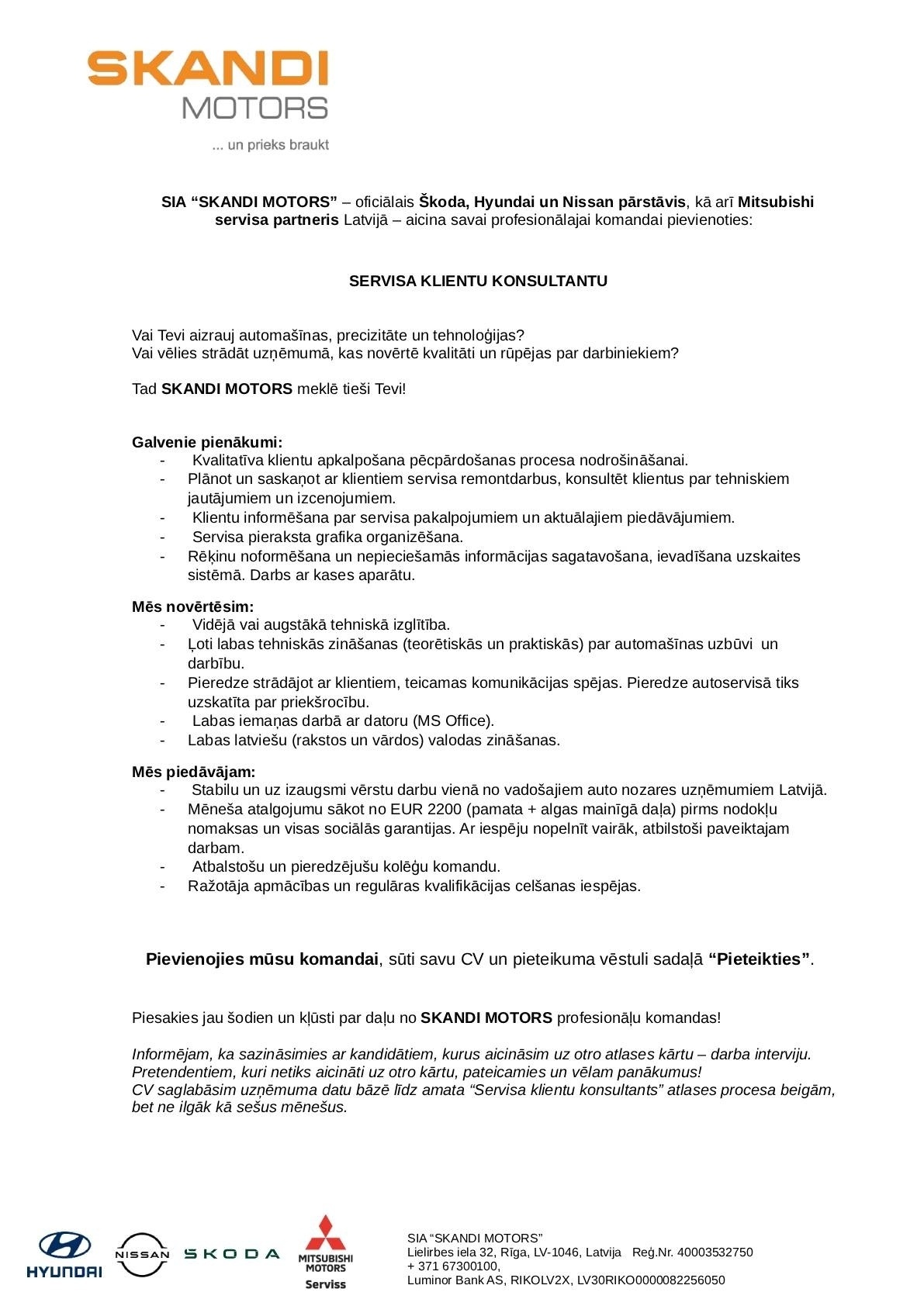 SKANDI MOTORS, SIA Servisa klientu konsultants/-e