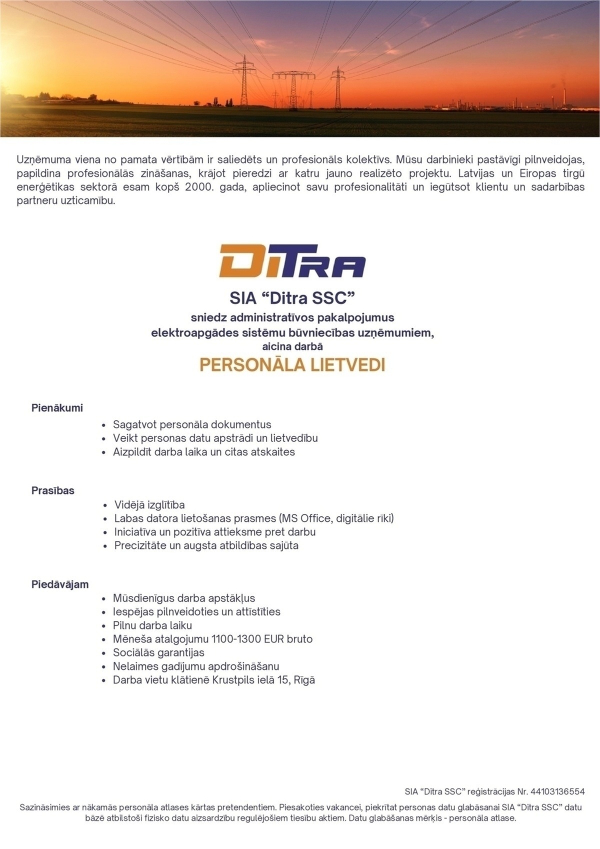 Ditra SSC, SIA Personāla lietvedis/-e