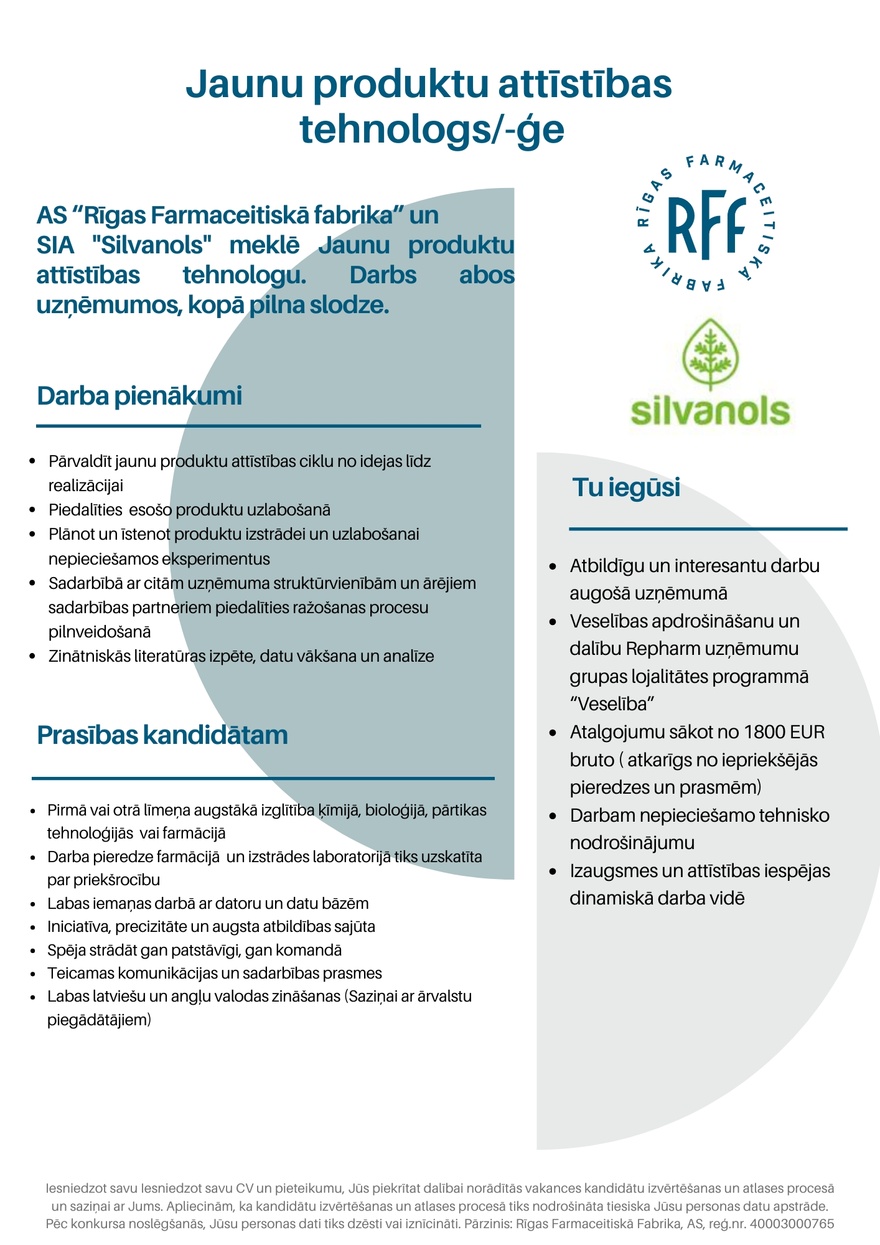 SIA''Silvanols'' Jauno produktu attīstības tehnologs/-ģe