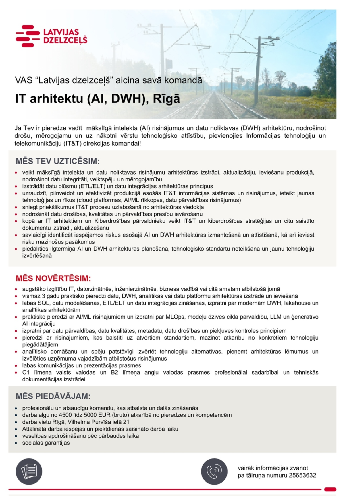 Latvijas dzelzceļš, VAS IT arhitekts/-e (AI, DWH)