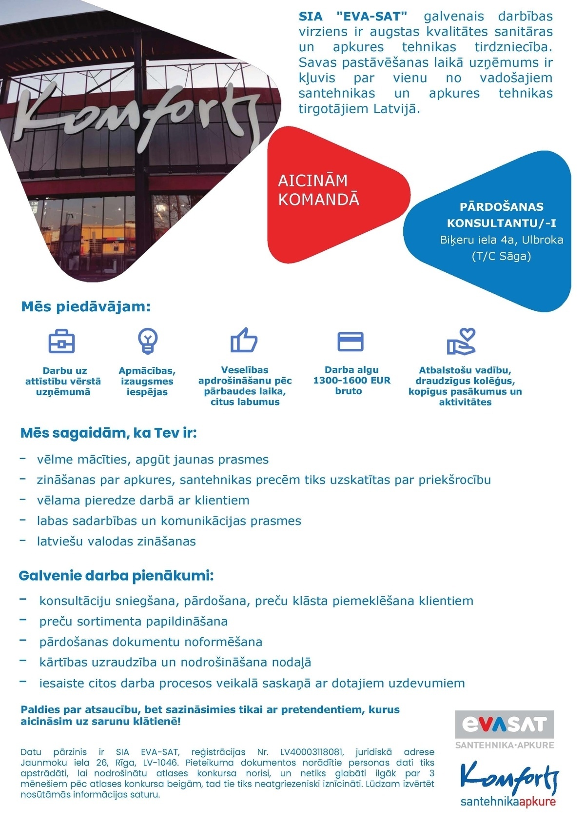 EVA-SAT, SIA Pārdošanas konsultants/-e (Biķeru iela 4a, Ulbroka)