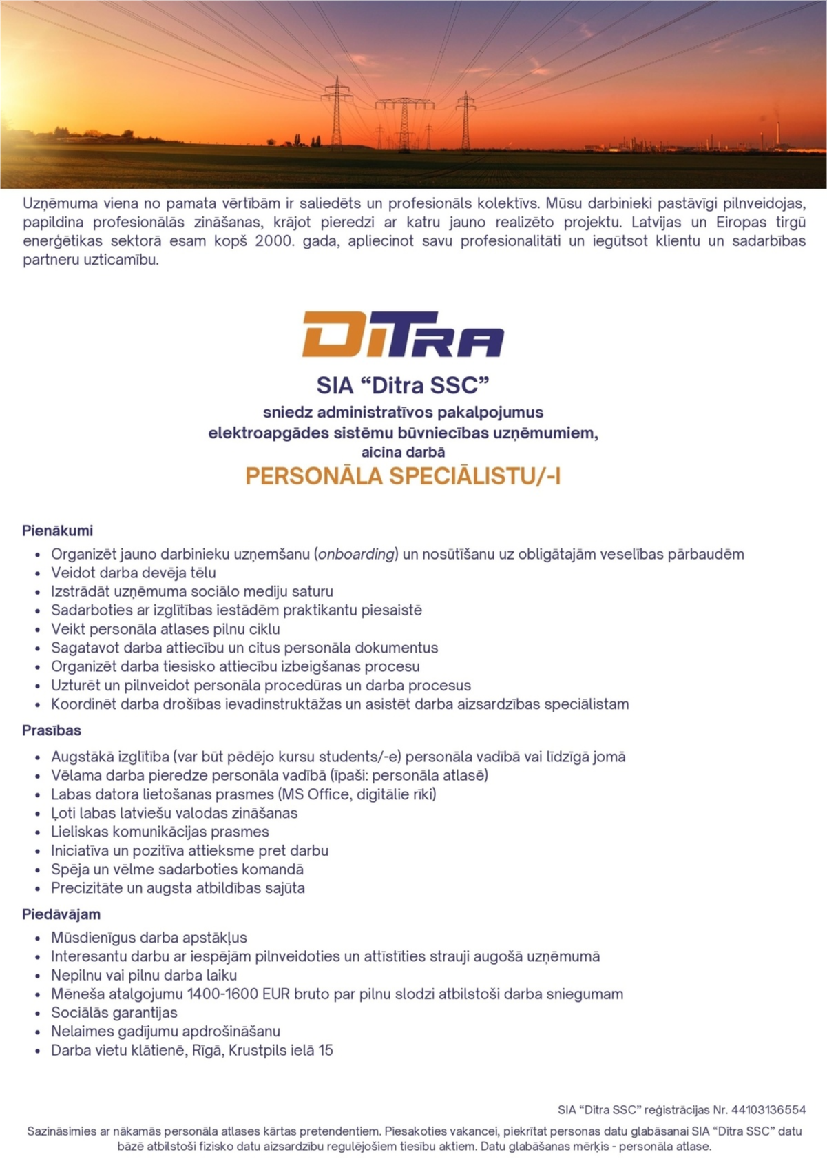 Ditra SSC, SIA Personāla speciālists/-e