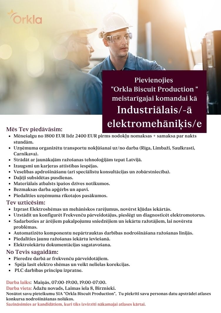 Orkla Latvija, SIA Industriālais/-ā elektromehāniķis/-e