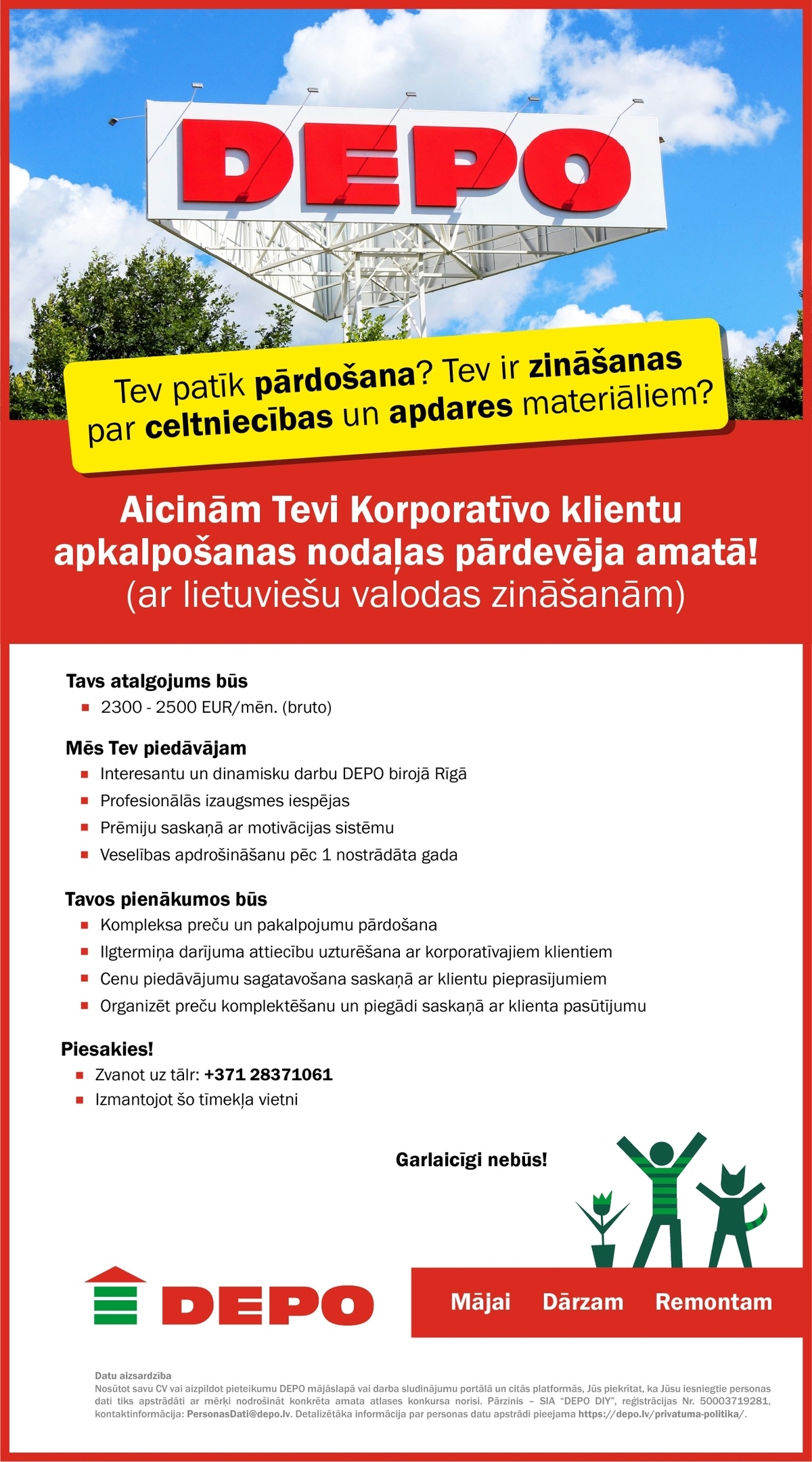 DEPO DIY, SIA Korporatīvo klientu apkalpošanas nodaļas pārdevējs/-a ar lietuviešu valodas zināšanām